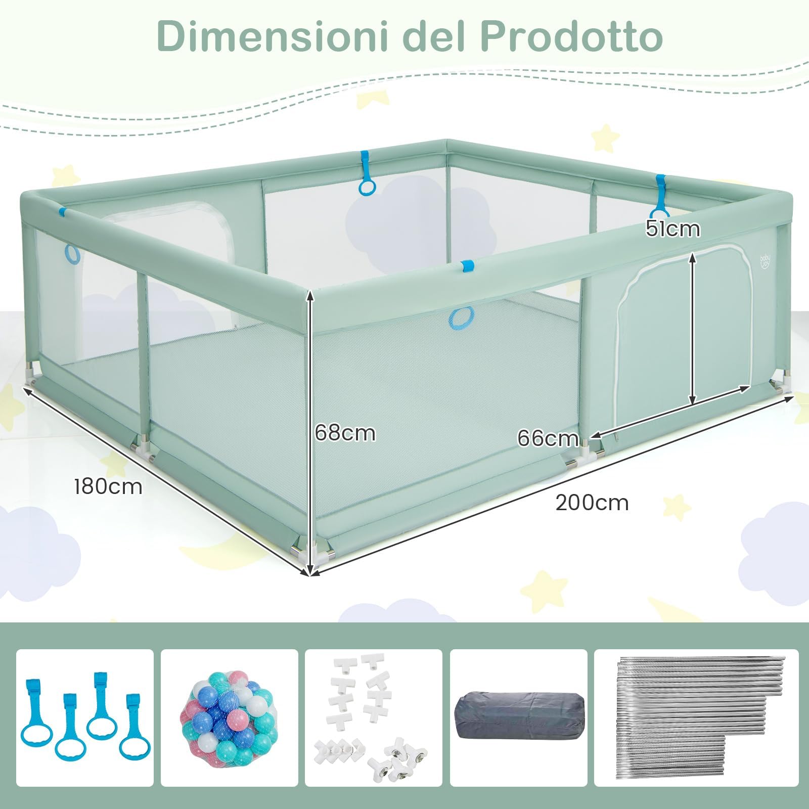RELAX4LIFE Box Recinto per Bambini, Centro di Attività per Bambini dai 6 Mesi ai 3 Anni (200x180cm, C: 50 Palline+4 Anelli,VERDE)