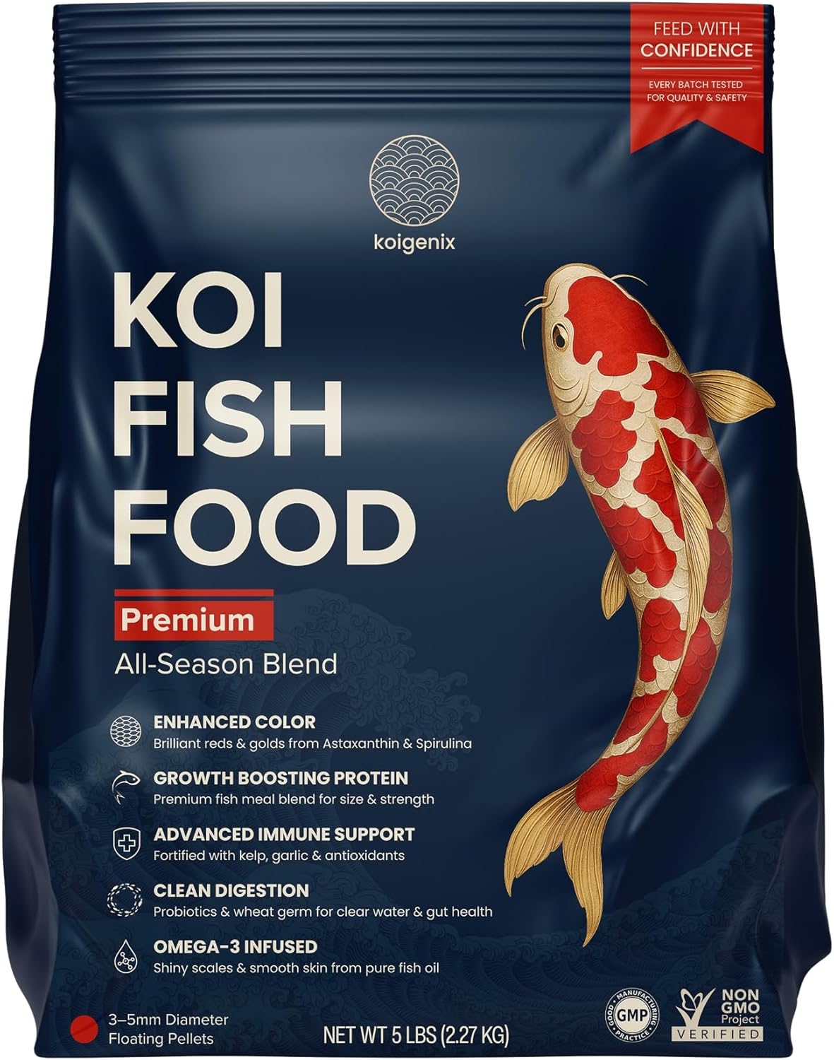 Koi Fish Food (5lb) - Growth & Color Formula, High Protein Floating Pellets with Spirulina, Krill & Probiotics, Easy to Digest, Cleaner Water, All Season - for Koi, Goldfish & Pond Fish