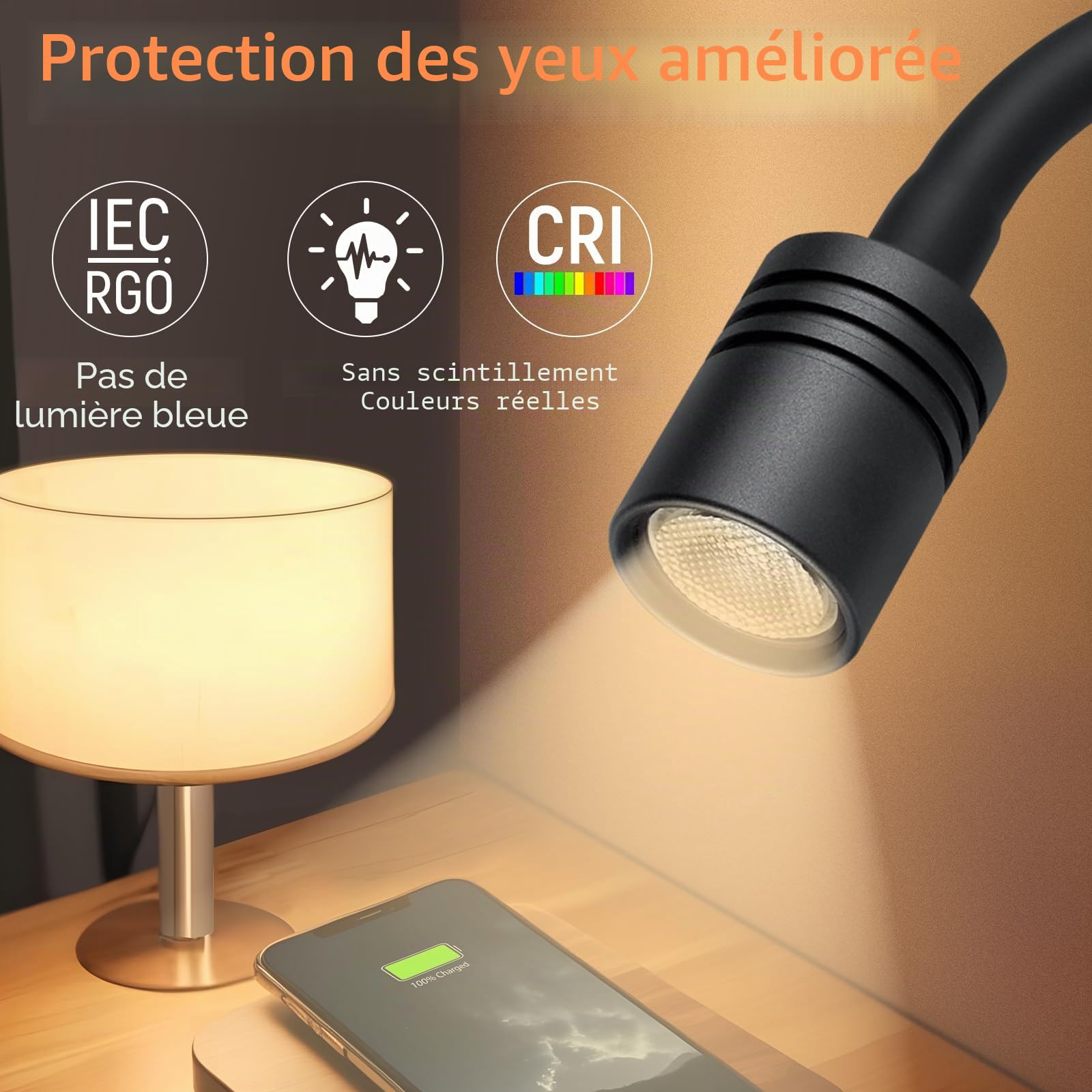 2 x Lampe de Lecture 12V LED Spot Flexible Col de Cygne Noir Réglable Applique Murale DC 12V-24V 3200K pour Camping-Car Bateau Caravane Voiture Camion, Chargeur Type-C intégré & Variateur