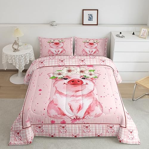 Miniatura 1 de Erosebridal Juego de ropa de cama de cerdo encantador para niñas, juego de edredón floral de flores tamaño matrimonial, edredón de cuadrícula rosa a