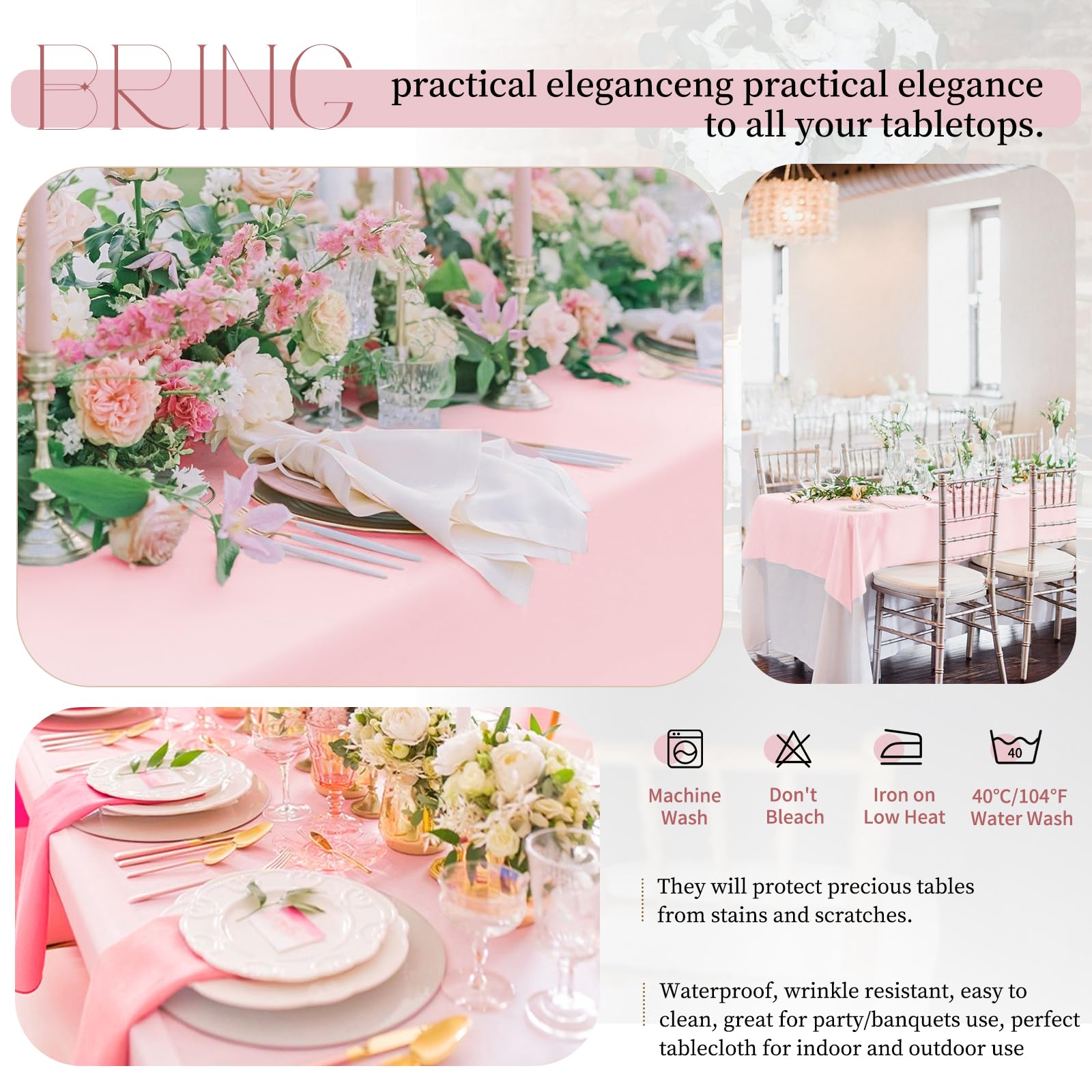 Teruntrue 2 Packs Pink Tablecloths Rectangle 153 x 260 cm, Waterproof Polyester Pink Table Covers for 6ft Table - Image 4
