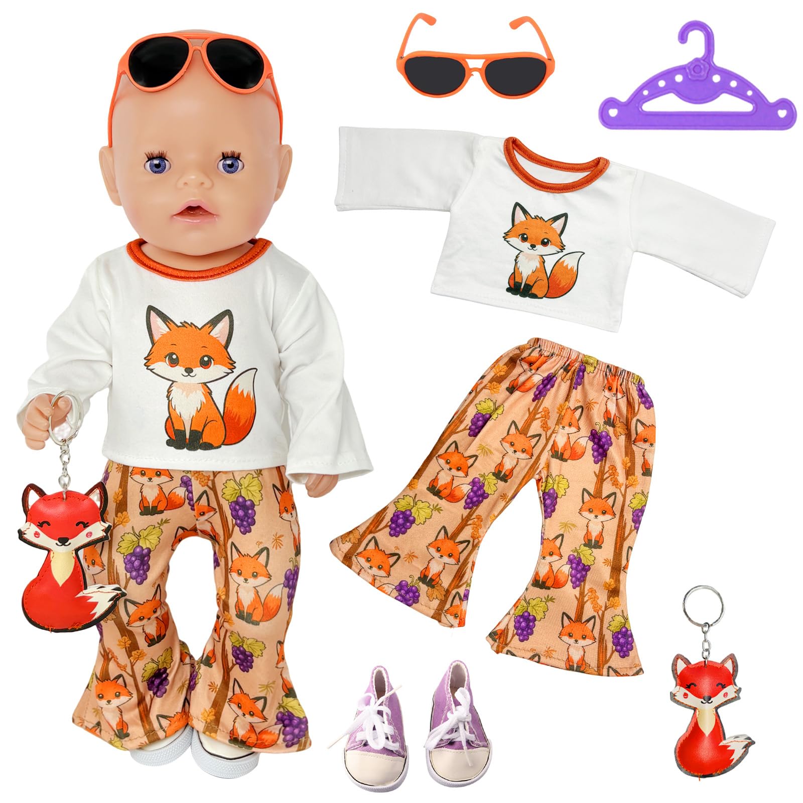 Doll Clothes for 35–43 cm Dolls, 6 Pcs Fox Outfit Set with Printed T-Shirt, Flared Pants, Purple Canvas Shoes, Keychain, Sunglasses & Hanger, Doll Accessories for 14–18 Inch Dolls