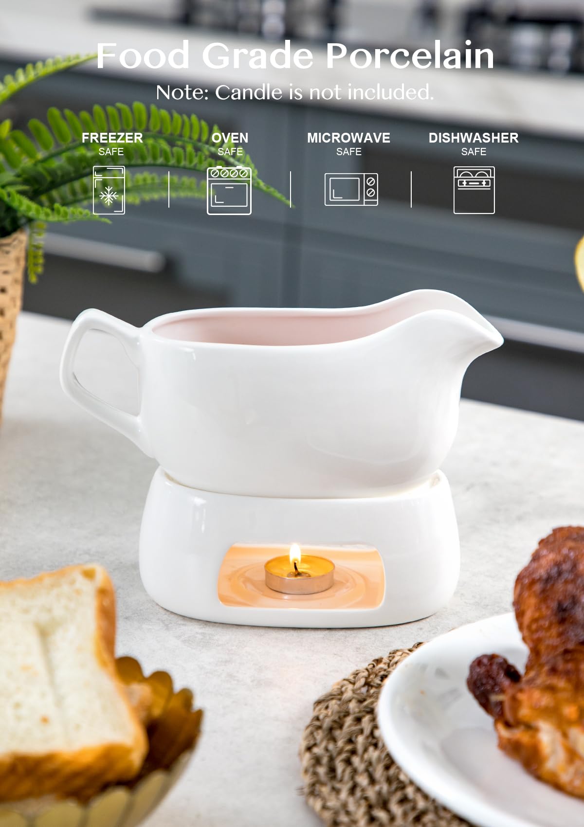 Nucookery Salsera grande de 18 onzas con calentador, salteador de porcelana fina blanca con boquilla grande sin goteo, cuenco para salsa para Acción de Gracias, salsas calientes, aderezos de ensalada,