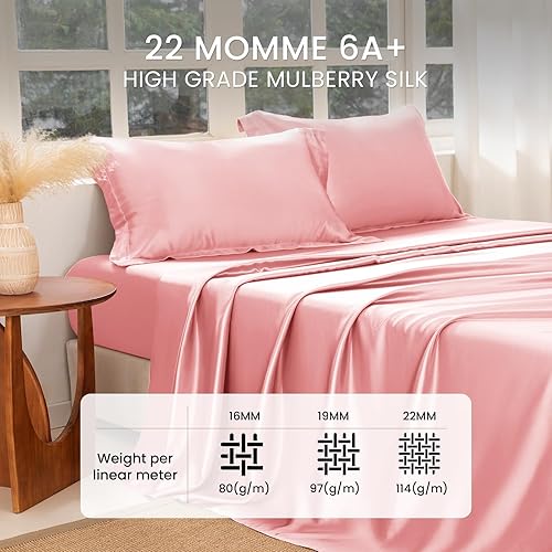 Miniatura 2 de THXSILK Juego de sábanas de seda de 4 piezas, juego de sábanas de tamaño matrimonial, 22 sábanas de seda Momme 7A+, sábanas suaves y transpirables