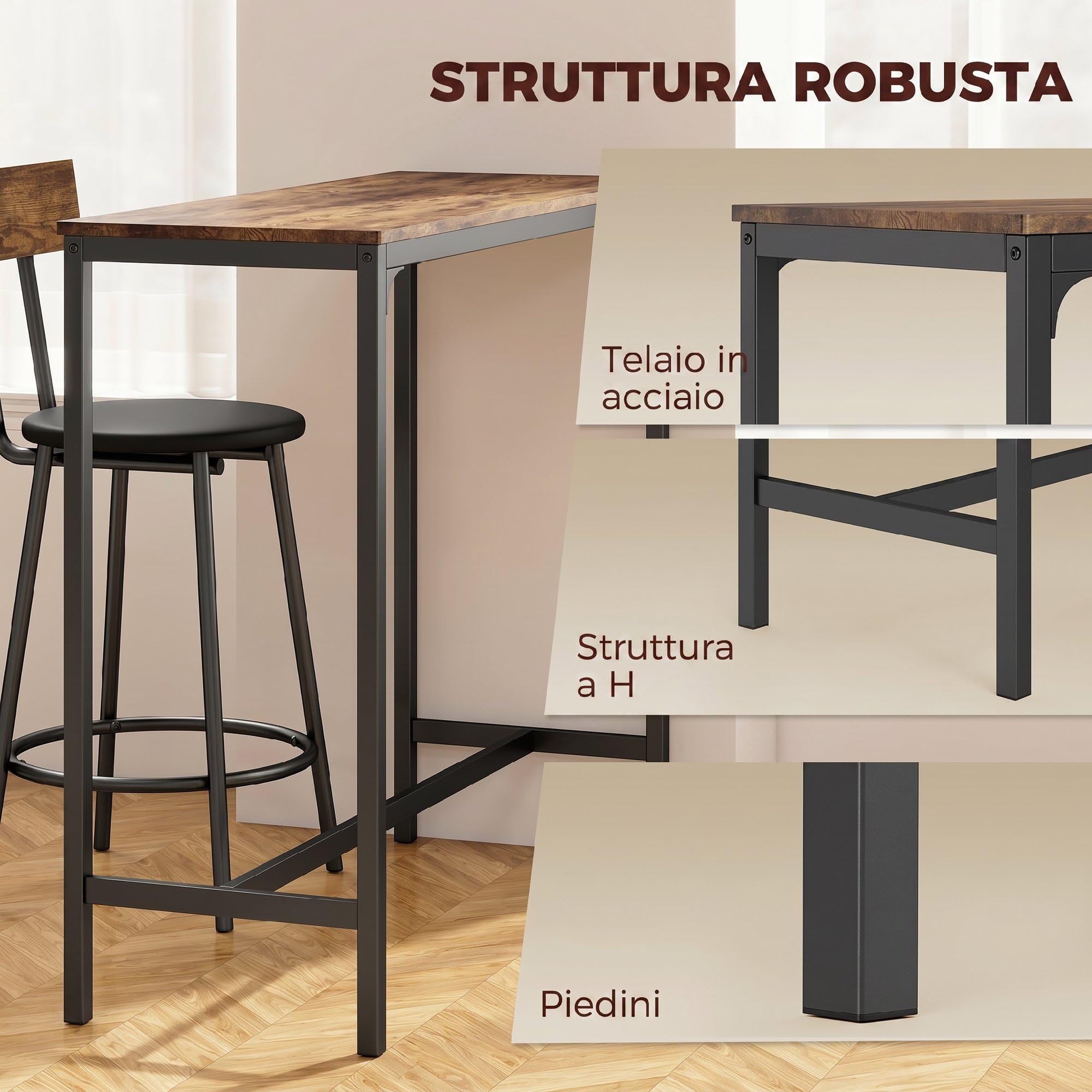 HOMCOM Tavolo Bar con 2 Sgabelli Alti con Schienale, Marrone Rustico | Set Tavolo e Sgabelli da Bar Salvaspazio, Poggiapiedi, Imbottitura Pelle PU, Gambe Metallo Industriale, Cucina Sala da Pranzo