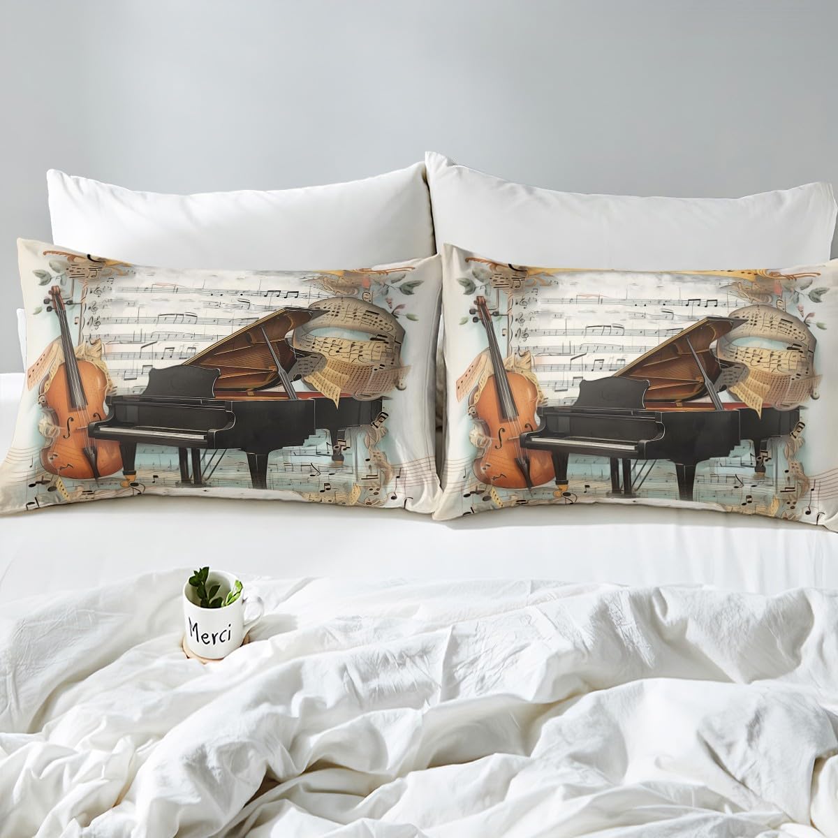 Piano Cello Duvet Cover Set King Size,Music Theme Bedding Set 3Pcs for Kids Girls Boys Adult Room Decor,Retro Style Musical Notes Comforter Cover Beige Light Brown Rustic Quilt Cover,2 Pillowcases