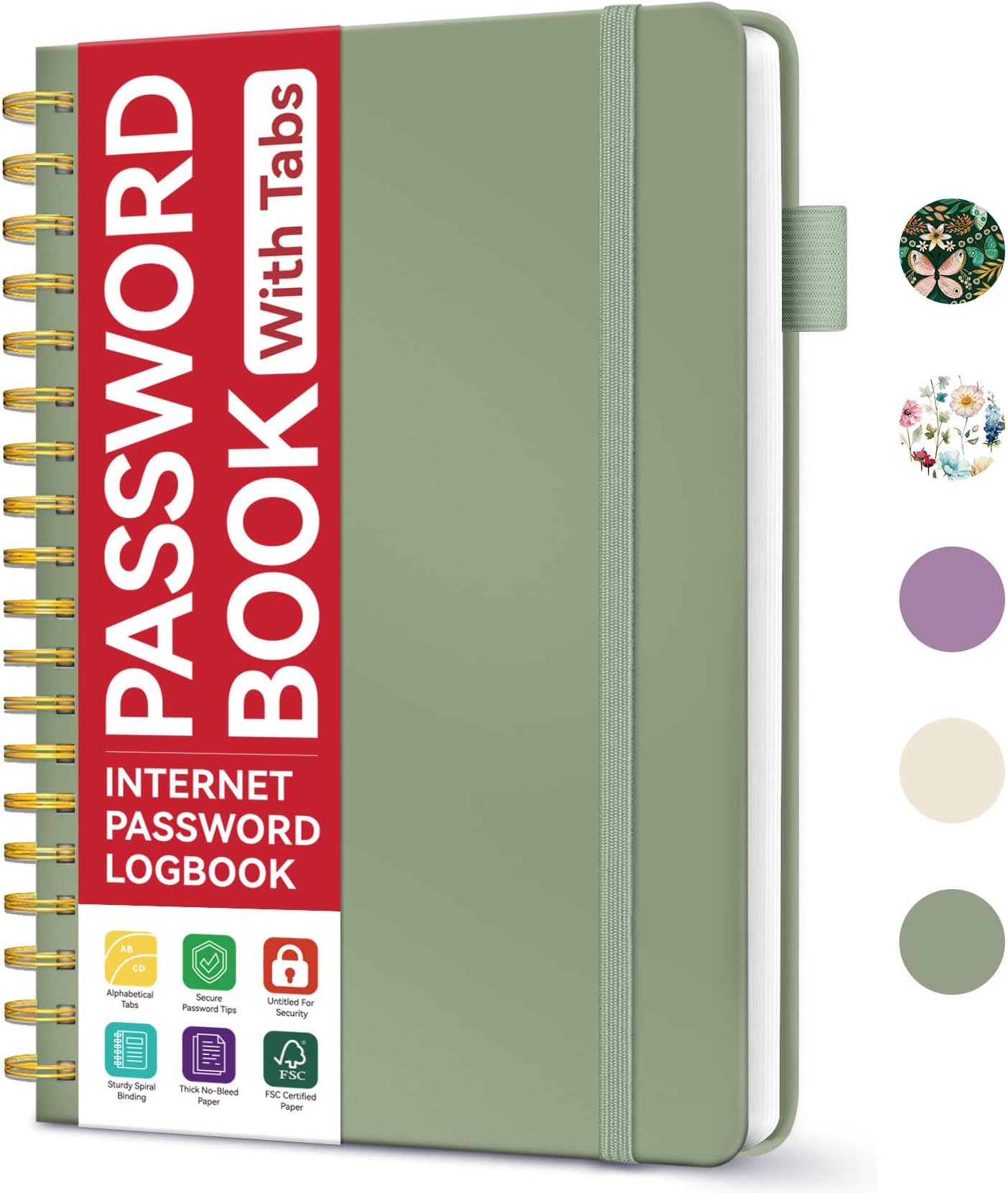 Password Book with Alphabetical Tabs, 5.5" x 6.7" Spiral Password Book, Small Password Books for Seniors, Password Keeper Book to Help You Stay Organized - Green