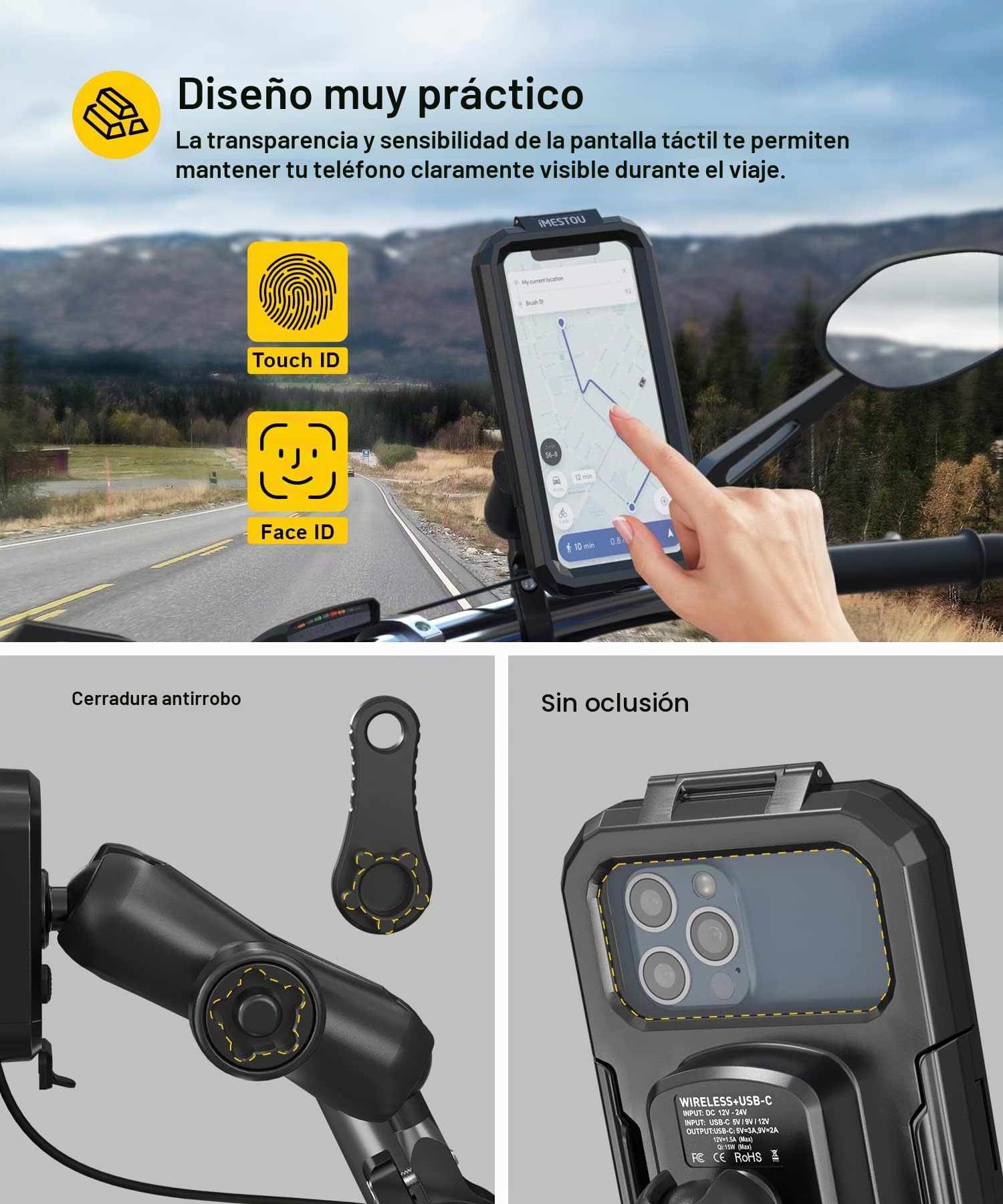 iMESTOU Soporte Impermeable para Teléfono de Moto con Cargador Inalámbrico Qi/USB C 3.0 Antirrobo en el Manillar 1 Bola Soportes para Teléfonos Móviles con Base de Aluminio 3.5"-6.1" Smartphones(S)