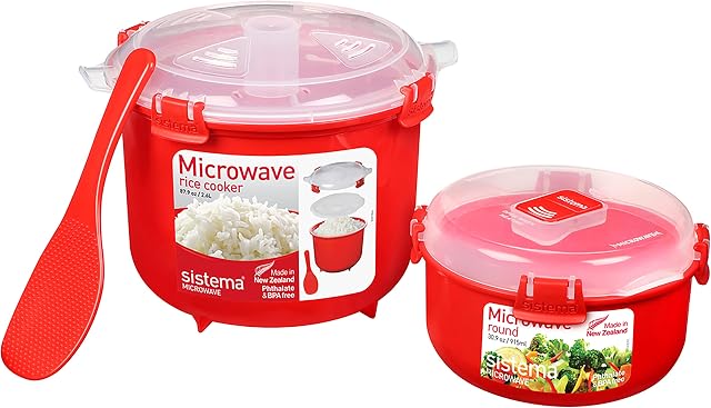 Sistema Microwave Rice Cooker (2.6L) & Round Microwave Food Container (915ml) Set | Food Containers with Steam-Release Vents | BPA-Free | Recyclable with TerraCycle® | 2 Count