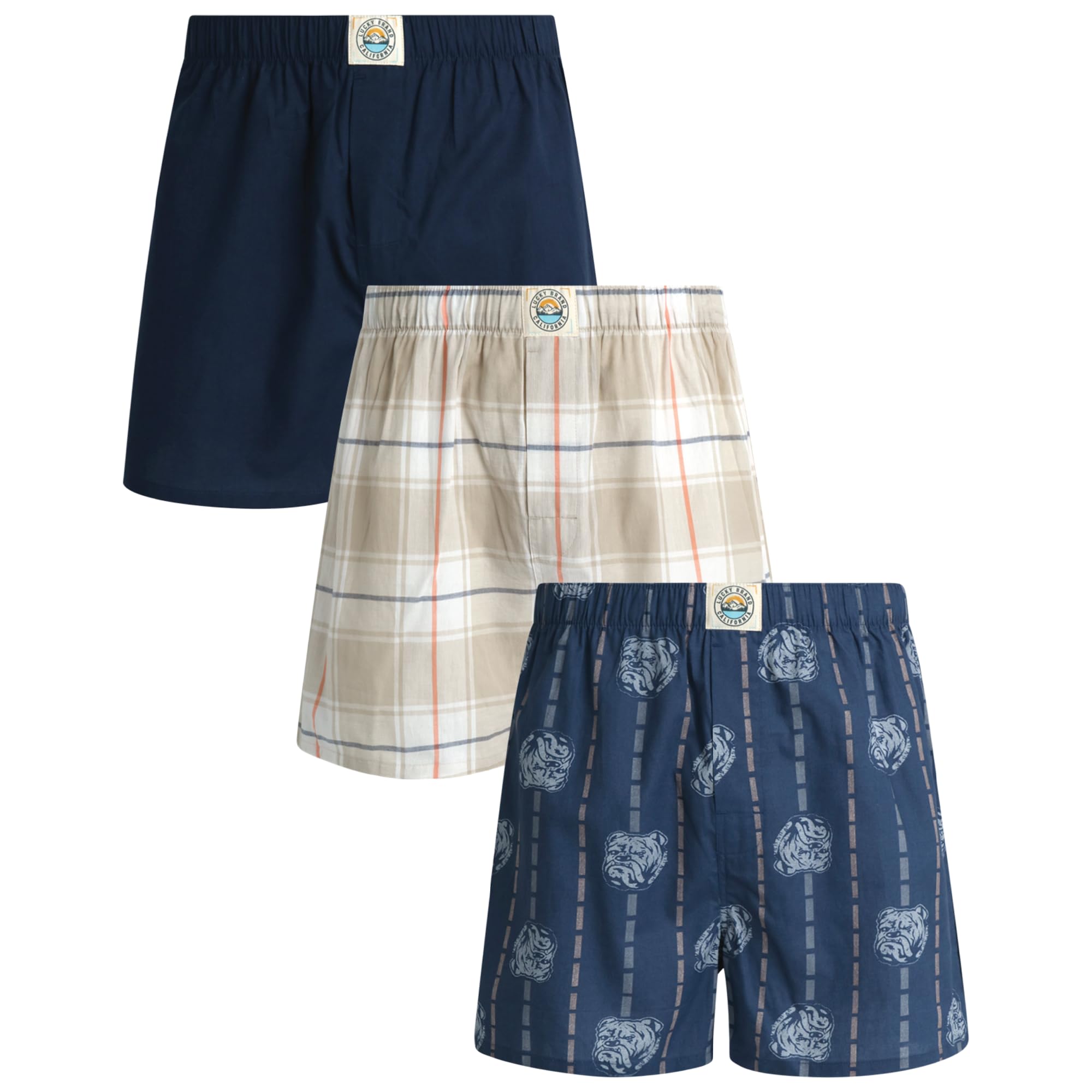 View 1 of *ONLY 2* Lucky Brand Mens Boxer Shorts - 3 Pack Soft Cotton Relaxed Fit 4” Inseam Mens Underwear Boxers with Functional Fly, Size Medium, Plaid/Vintage Indigo Print/Indigo