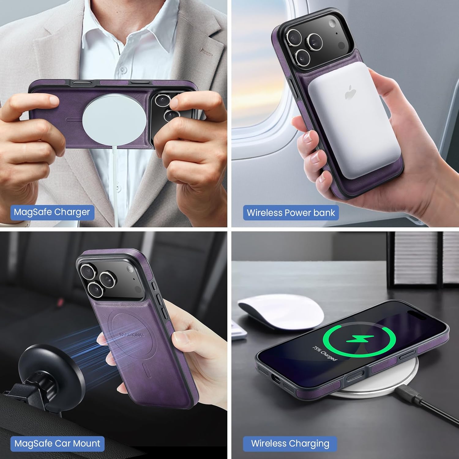 Wallet Case for iPhone 17 Pro Max, 2 in 1 Strong Magnetic Detachable, Shockproof Phone Case Compatible with MagSafe, Slim Leather Wallet RFID Blocking 5-Card Holder Ring Grip Stand (Purple) - Image 4