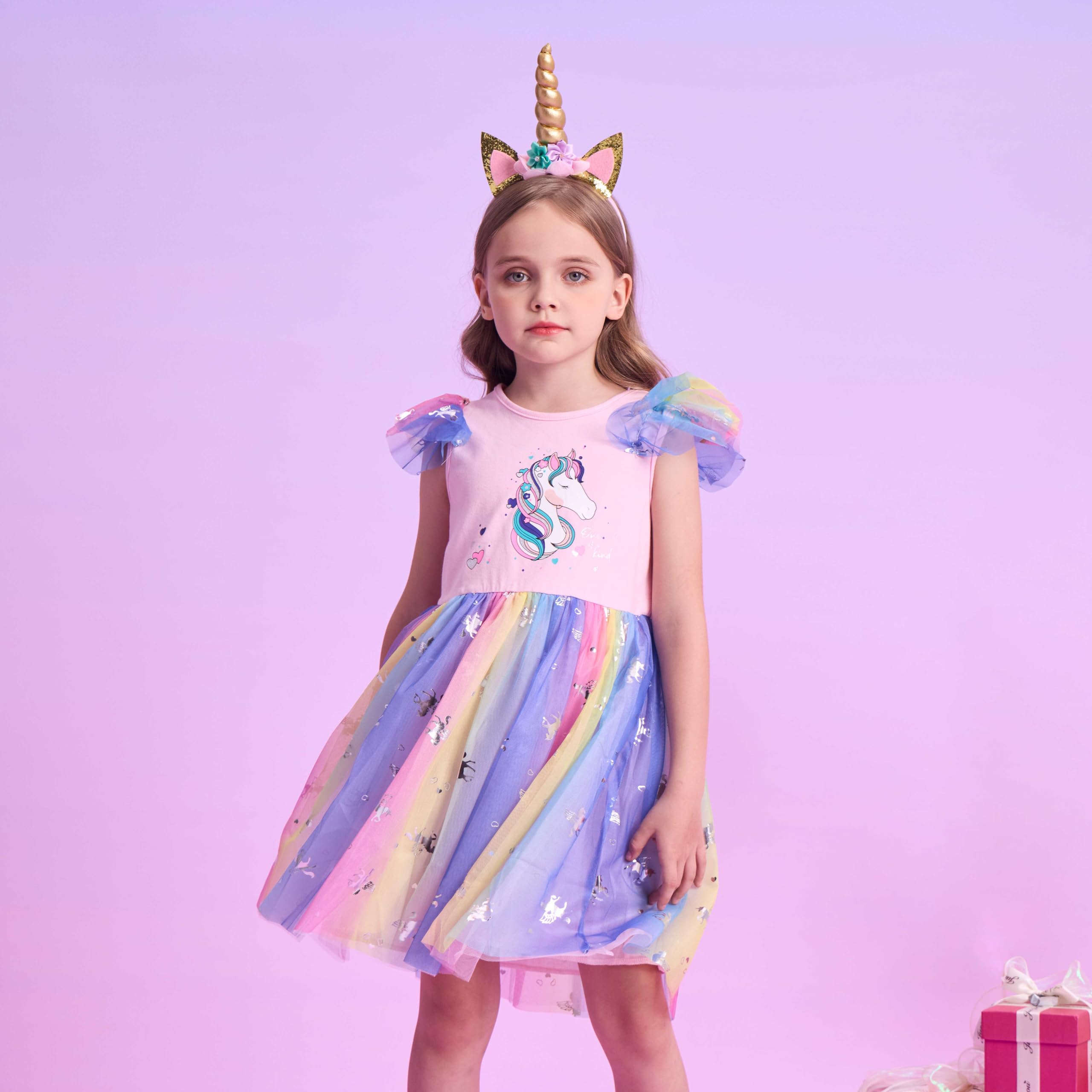 VIKITA Vestido de Princesa con Lentejuelas y Estampado de Mariposa Unicornio para Niñas
