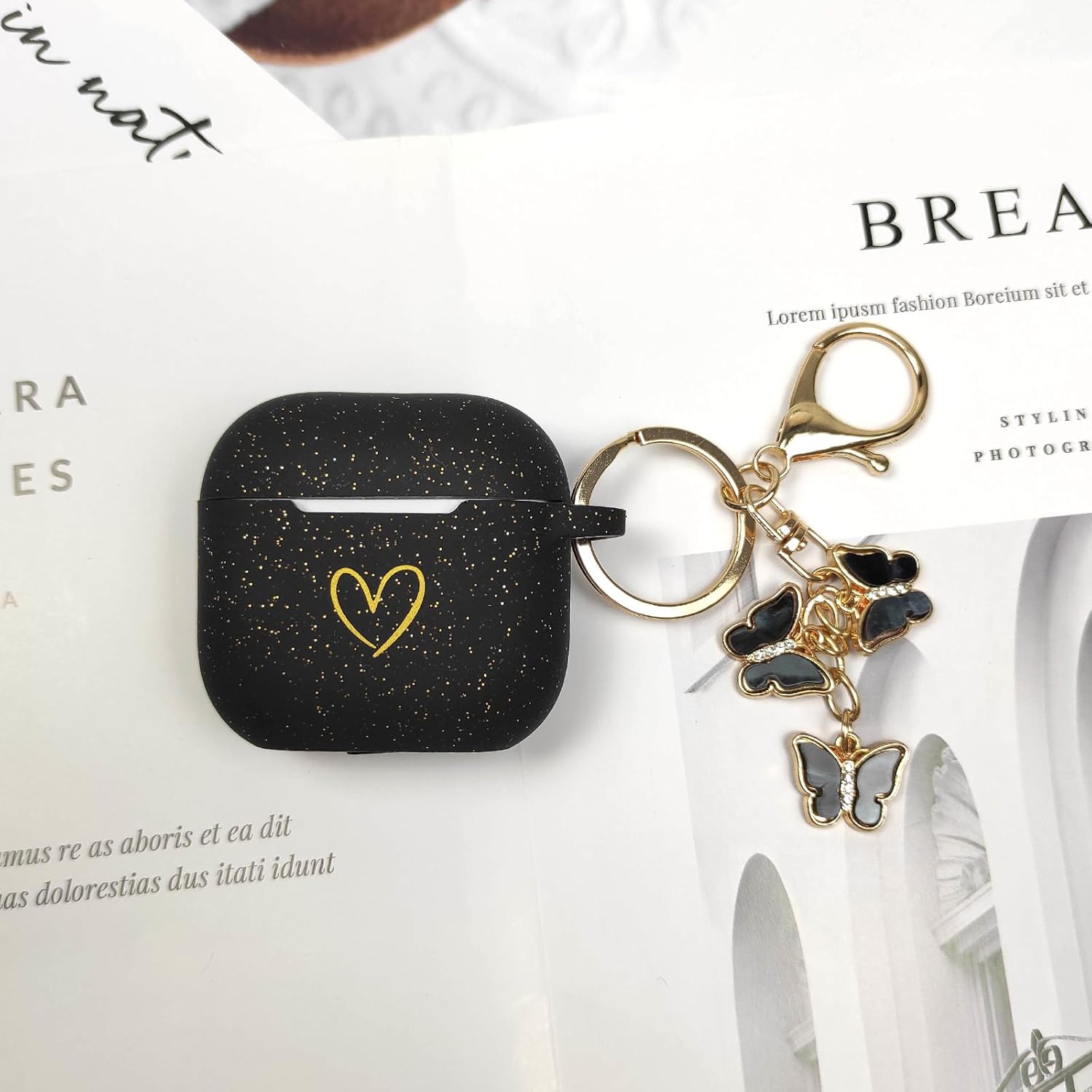 Compatible AirPods 4 Case Cover 2024, Soft Silicone Case with Gold Heart Pattern for AirPods 4th Gen, Cute Butterfly Keychain for Girls Women (Glitter Black) - Image 5