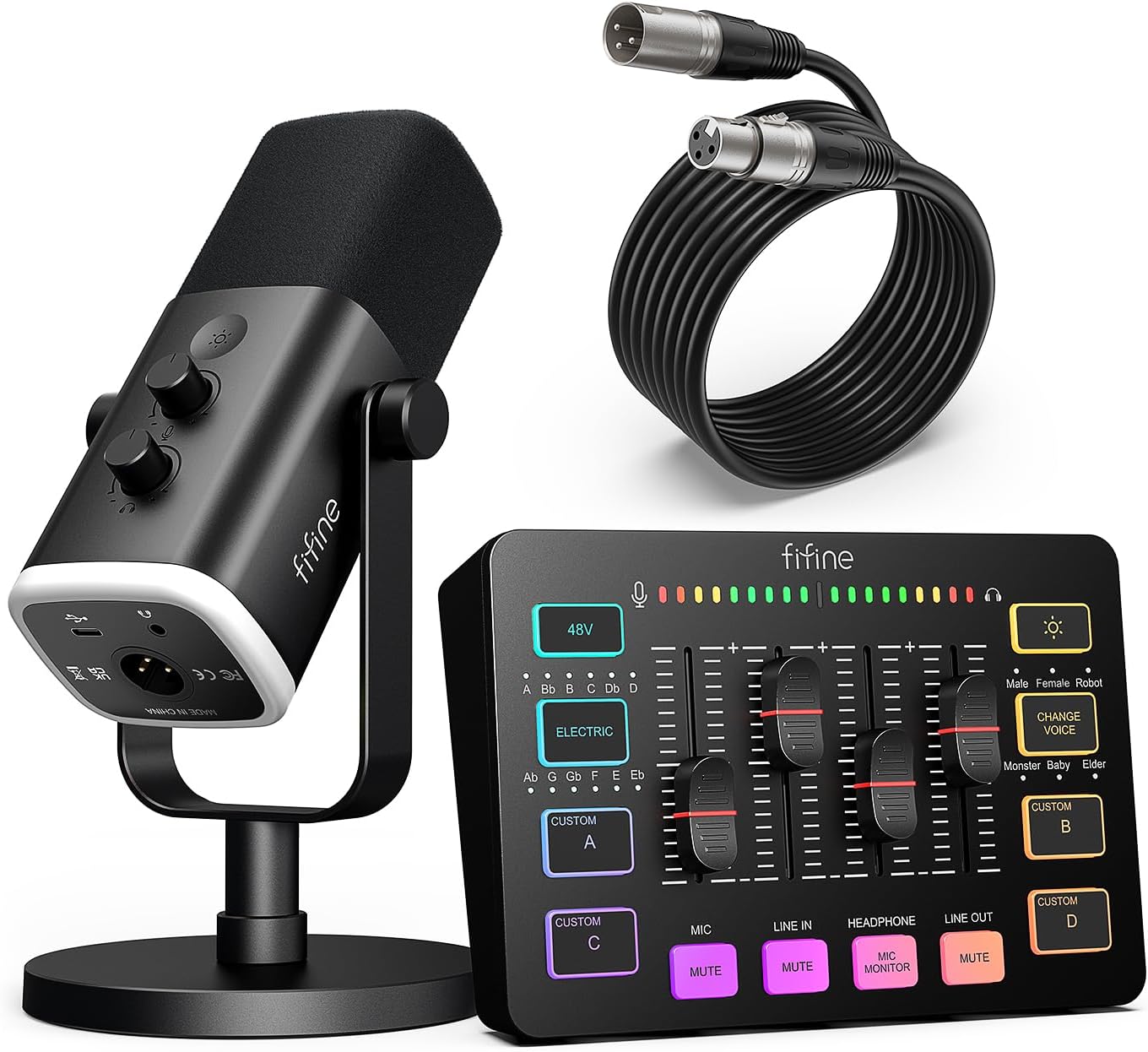 FIFINE Gaming Equipment Set, XLR/USB Dynamic Gaming Microphone Set with Streaming Audio Mixer for Podcast Recording, Voice Video, RGB Game with Fade