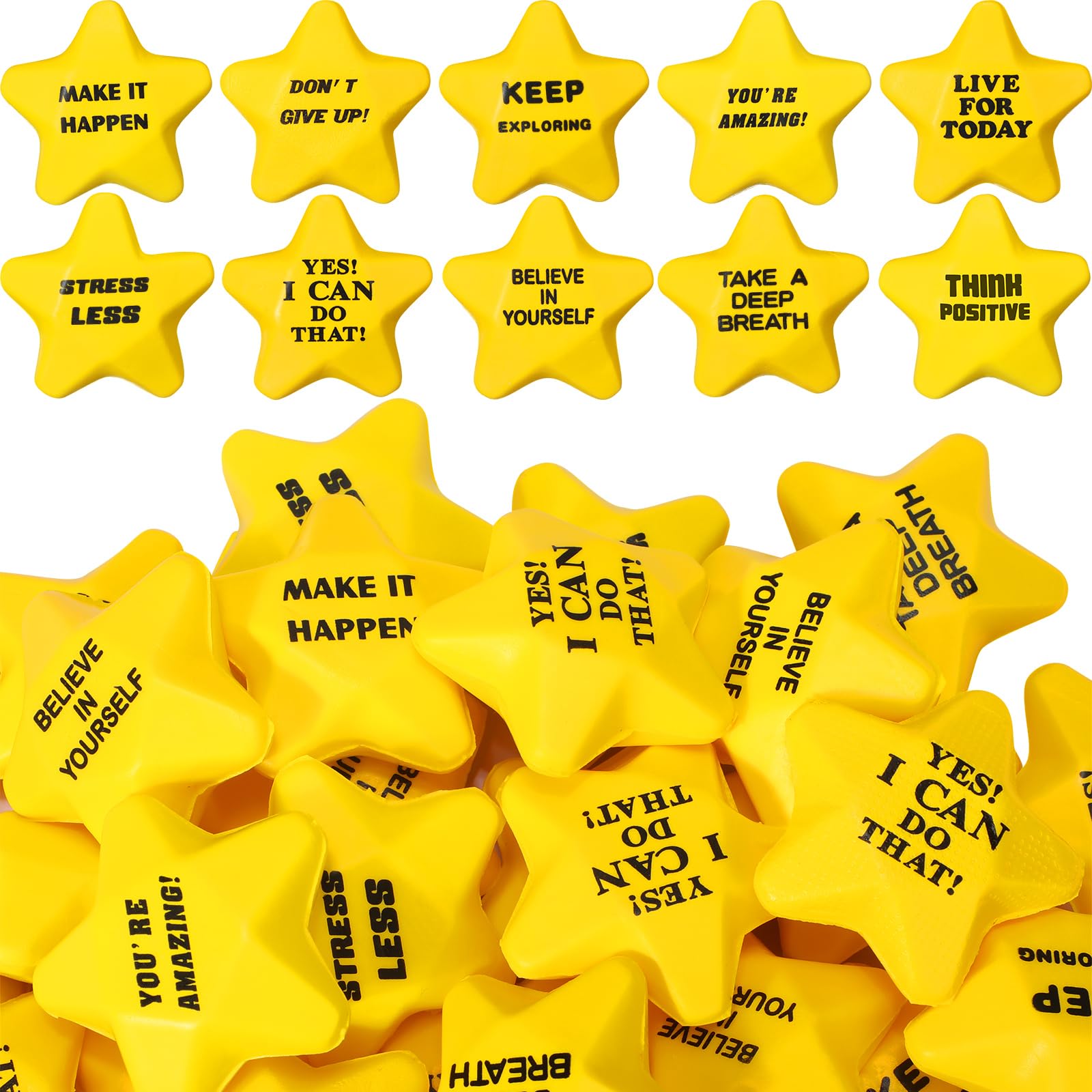 100 Pcs Motivational Star Stress Balls Bulk Anxiety Stress Relief Balls Inspirational Mini Foam Star Toys Stuff for Adults Prizes Gifts Fidget Toys Party Supplies, Yellow (10 Style)