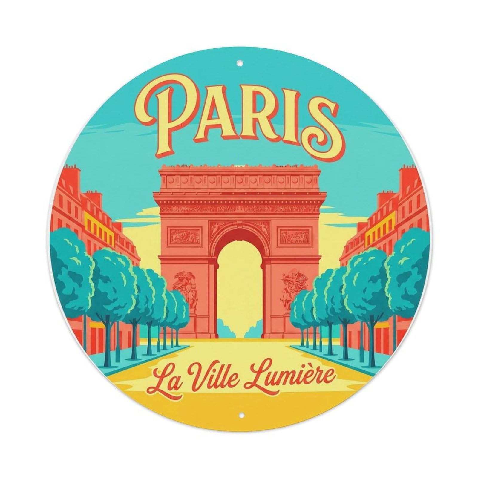 Vintage Travel Parisian Landmark France Metal Tin Sign Plaque Wall Decor for Cafe, Club Bar, Office, Home Garden Round Metal Poster 8x8Inch