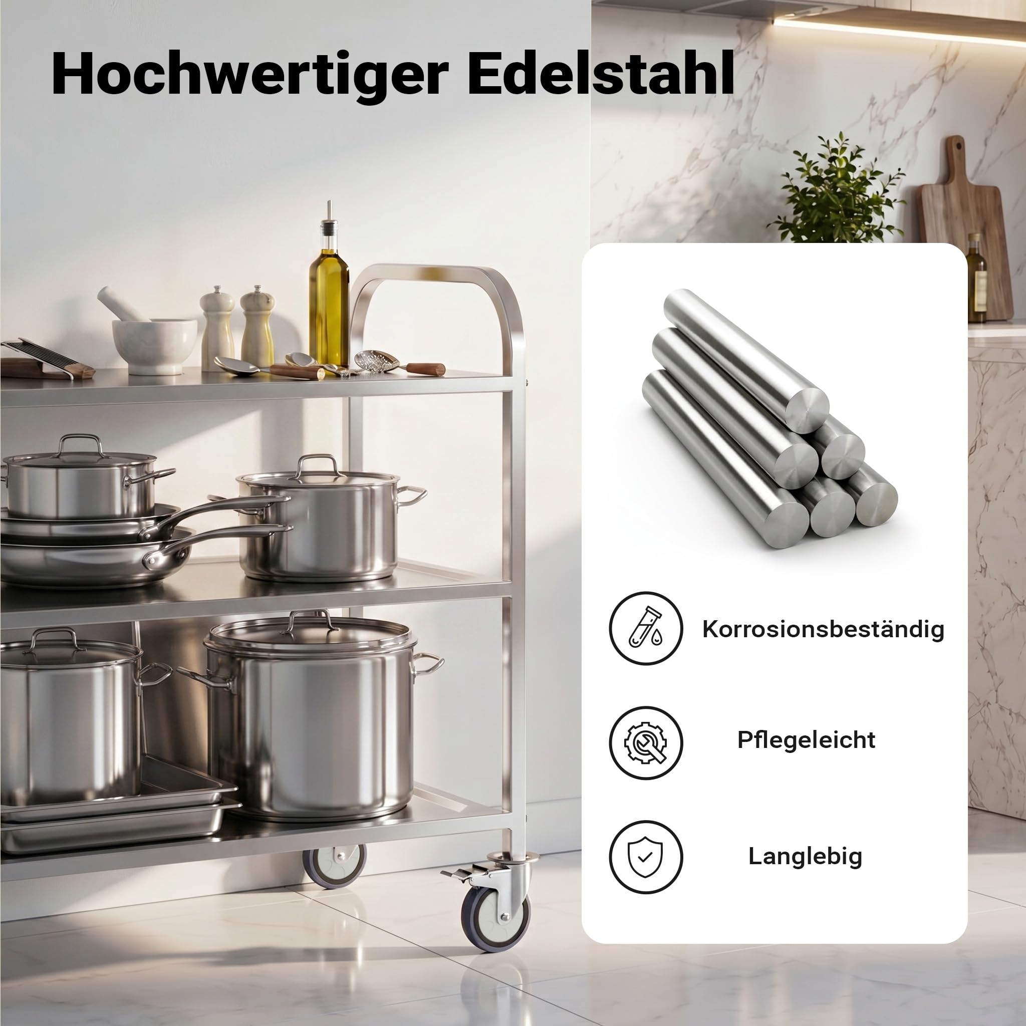 Wiltec Edelstahl Servierwagen 3 Etagen bis 150kg Küchenwagen Rollwagen Leichtlaufräder mit Bremsen