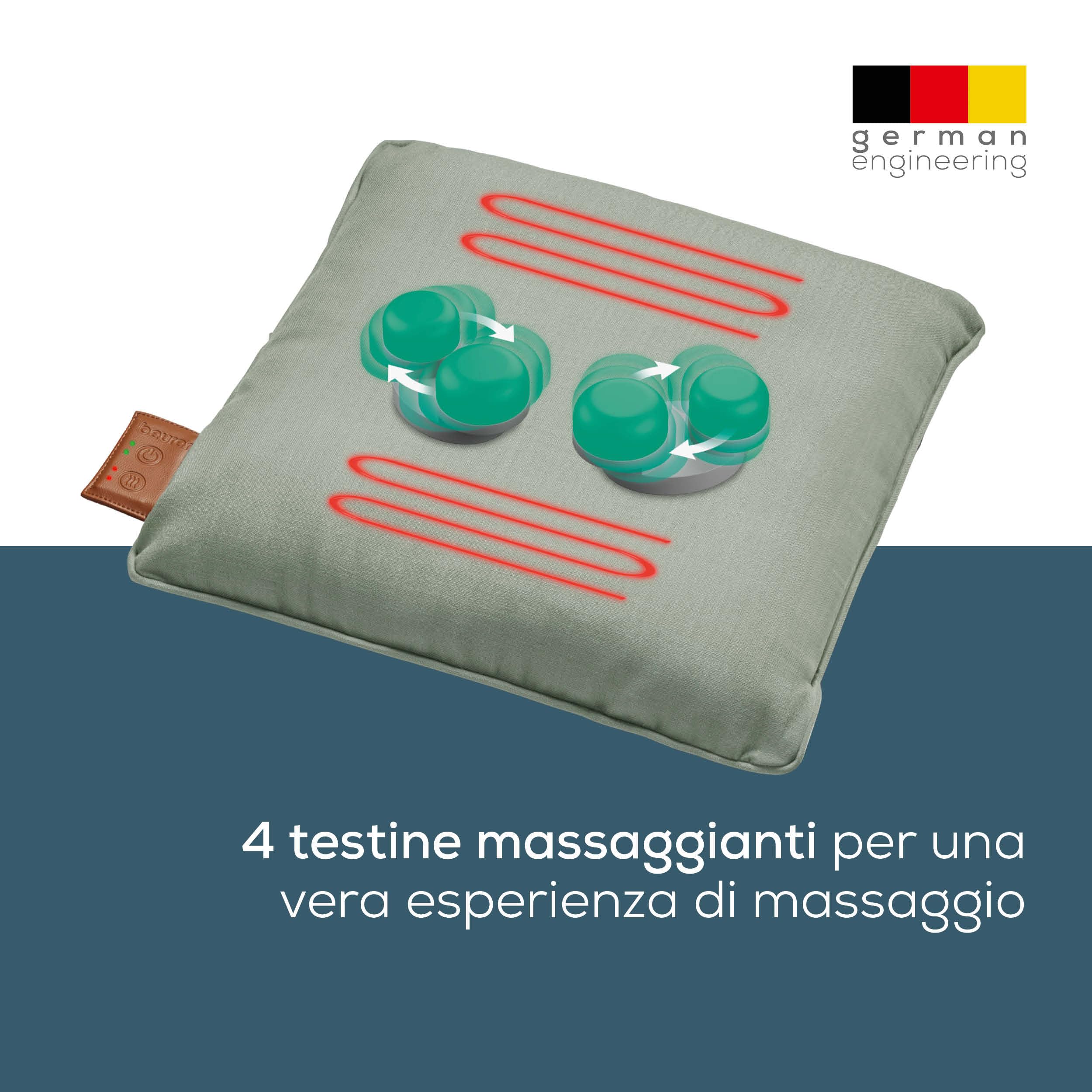 Cuscino massaggiante Beurer MG 139 a batteria con funzione calore attivabile, massaggio Shiatsu, realizzato in materiale riciclato, lavabile in lavatrice, spegnimento automatico, 40x40 cm, verde menta