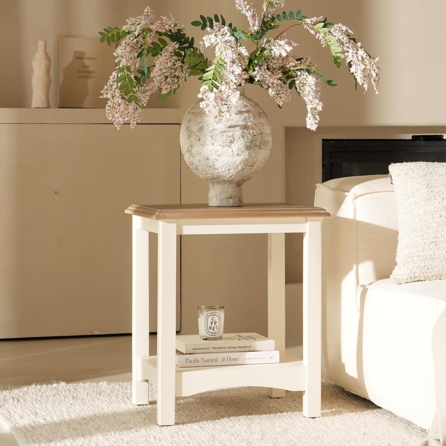 Mesa auxiliar de granja, mesa auxiliar de madera rústica, mesita de noche cuadrada con estante de almacenamiento de 2 niveles, mesita de noche para