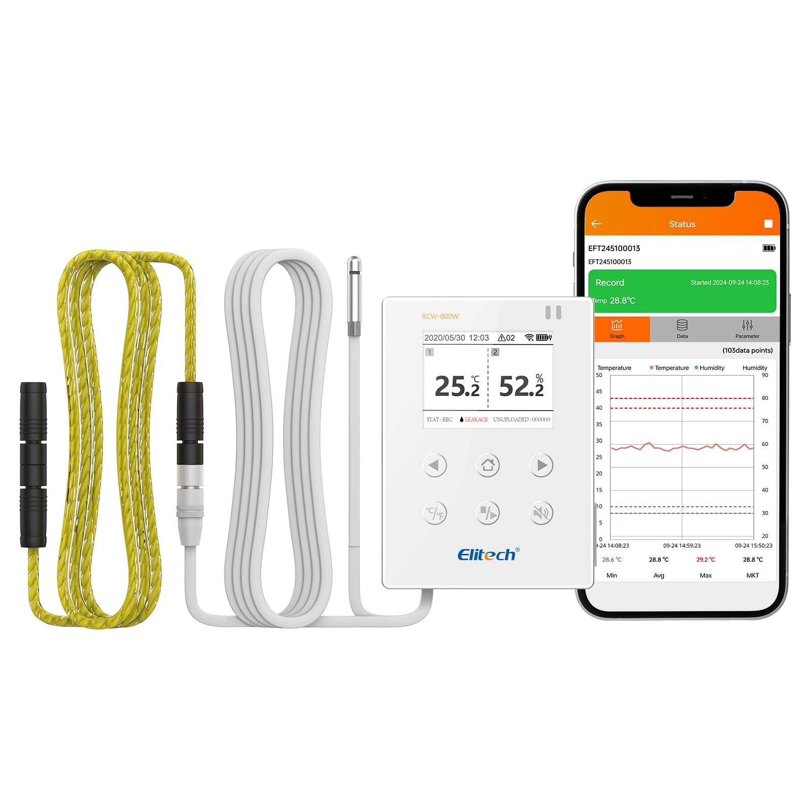Elitech Registrador de datos WiFi en tiempo real de 2,4 G/5 G Hz para temperatura y humedad con detector de fugas de agua, almacenamiento de datos en la nube, alarmas SMS/correo electrónico/aplicación