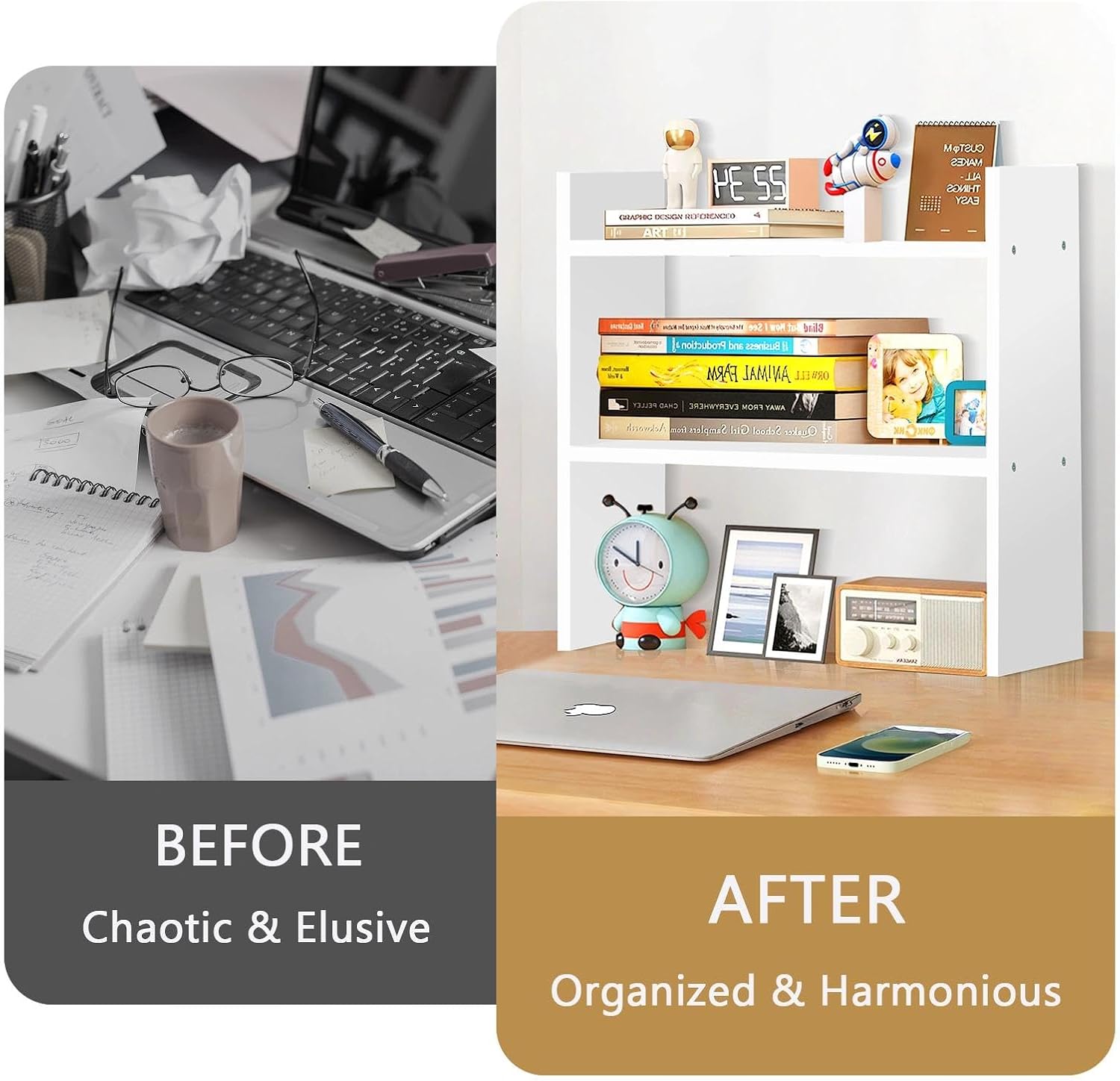 Desktop Shelves - Dorm Desk Shelf Organizer, Mini Bookshelf, 2 Tier Desktop Bookshelf for Workspace Organizers, Tabletop Shelf, Office Desk Shelves White 2 Pack