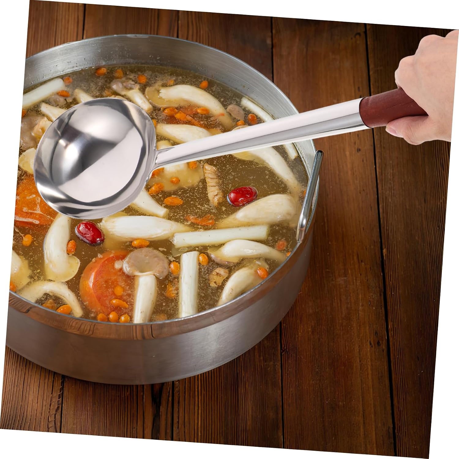Stainless Steel Cooking Spoon Wooden Handle Long Handled Utensil for Wok Soup