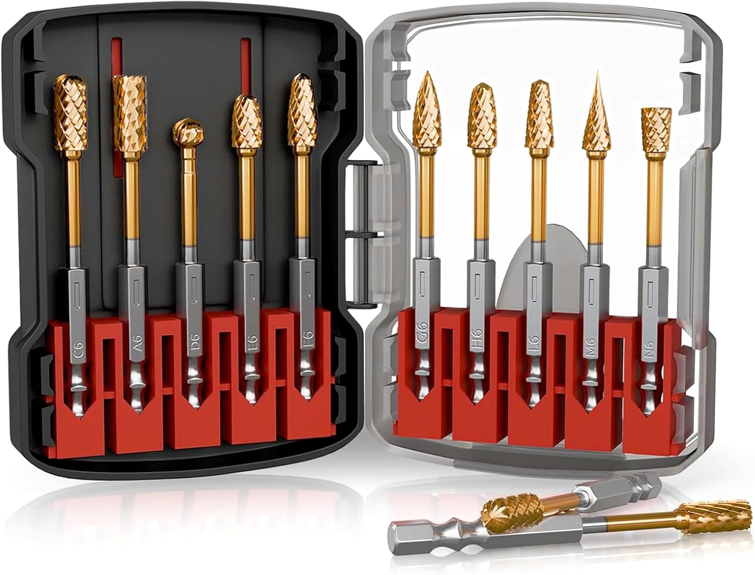 CATITO 10 Pcs 1/4" Carbide Burr Set, 1/4" Quick-Change Shank, Die Grinder Bits for Metal, Wood, Stone, Compatible with Most Rotary Tools