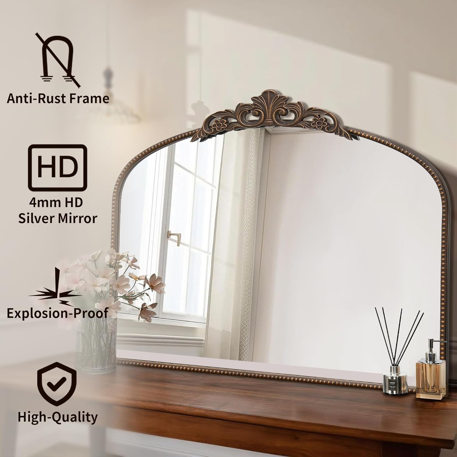 Micasso Bronze Vintage Arched Mirror: 29x36 in French Baroque Antique Wall Mounted Mirror - Traditional Ornate Decorative Mirror for Mantle/Fireplace/Living Room/Bedroom/Entryway/Hallway/Wall Decor