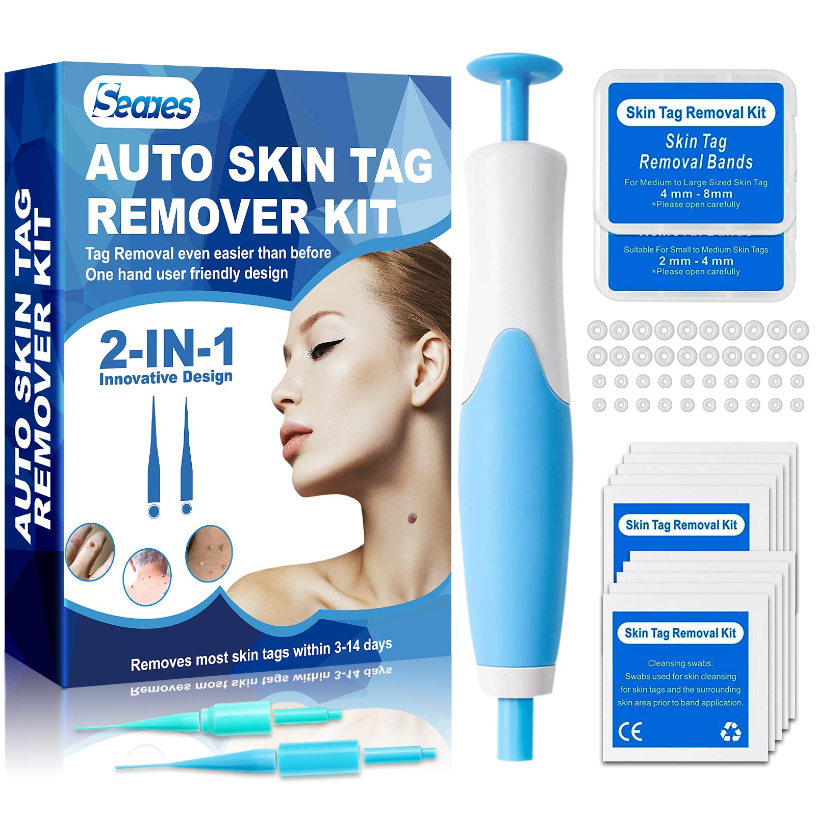 Skin Tag Remover Kit - SEAAES 2 in 1 Auto Skin Tag Removal Pen Device Wart Removal 20 Large Bands, 20 Small Bands, 10 Alcohol Pads