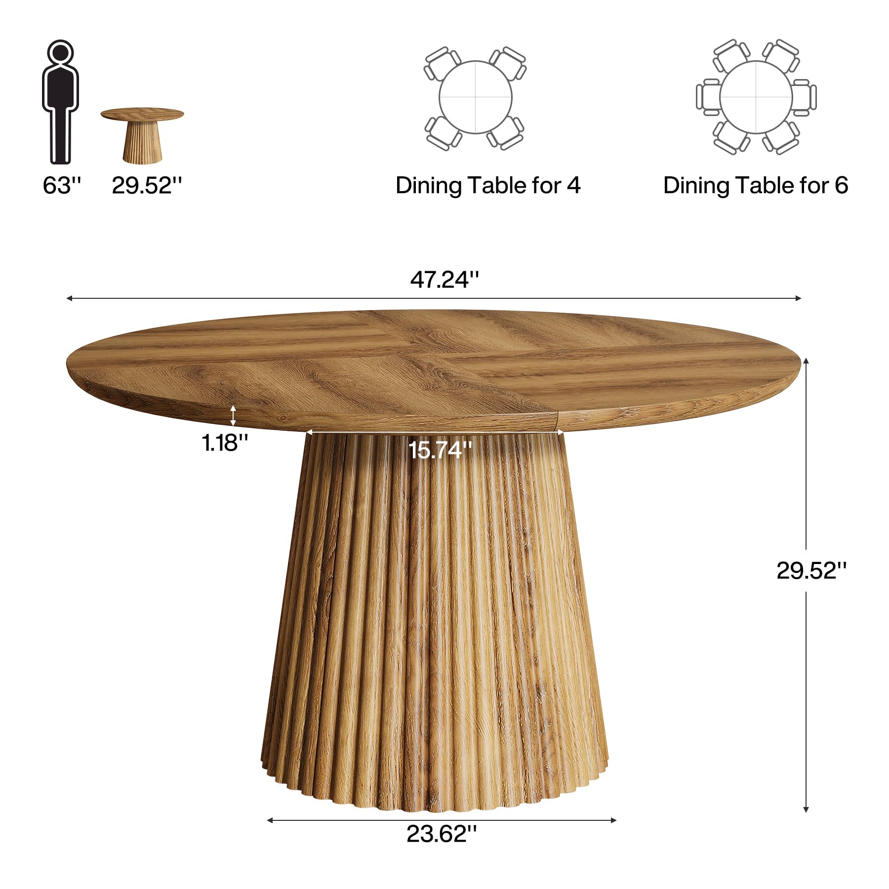 Tribesigns Mesa de Comedor Redonda de 120 cm para 4-6 Personas, Mesa de Cocina rústica de Madera con Base Acanalada para Comedor, Cocina o salón.