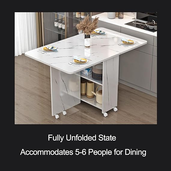 Folding Table Dining, Folding Dining Table with Storage, Rolling Drop Leaf Table with Open Shelf and 6 Wheels, for Small Space Dining Room Kitchen