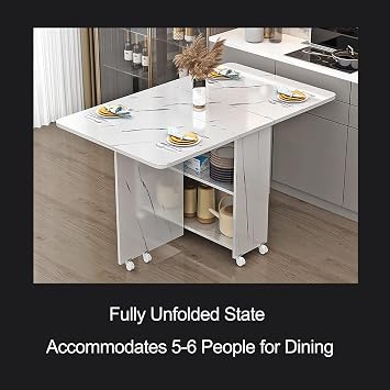 Folding Table Dining, Folding Dining Table with Storage, Rolling Drop Leaf Table with Open Shelf and 6 Wheels, for Small Space Dining Room Kitchen