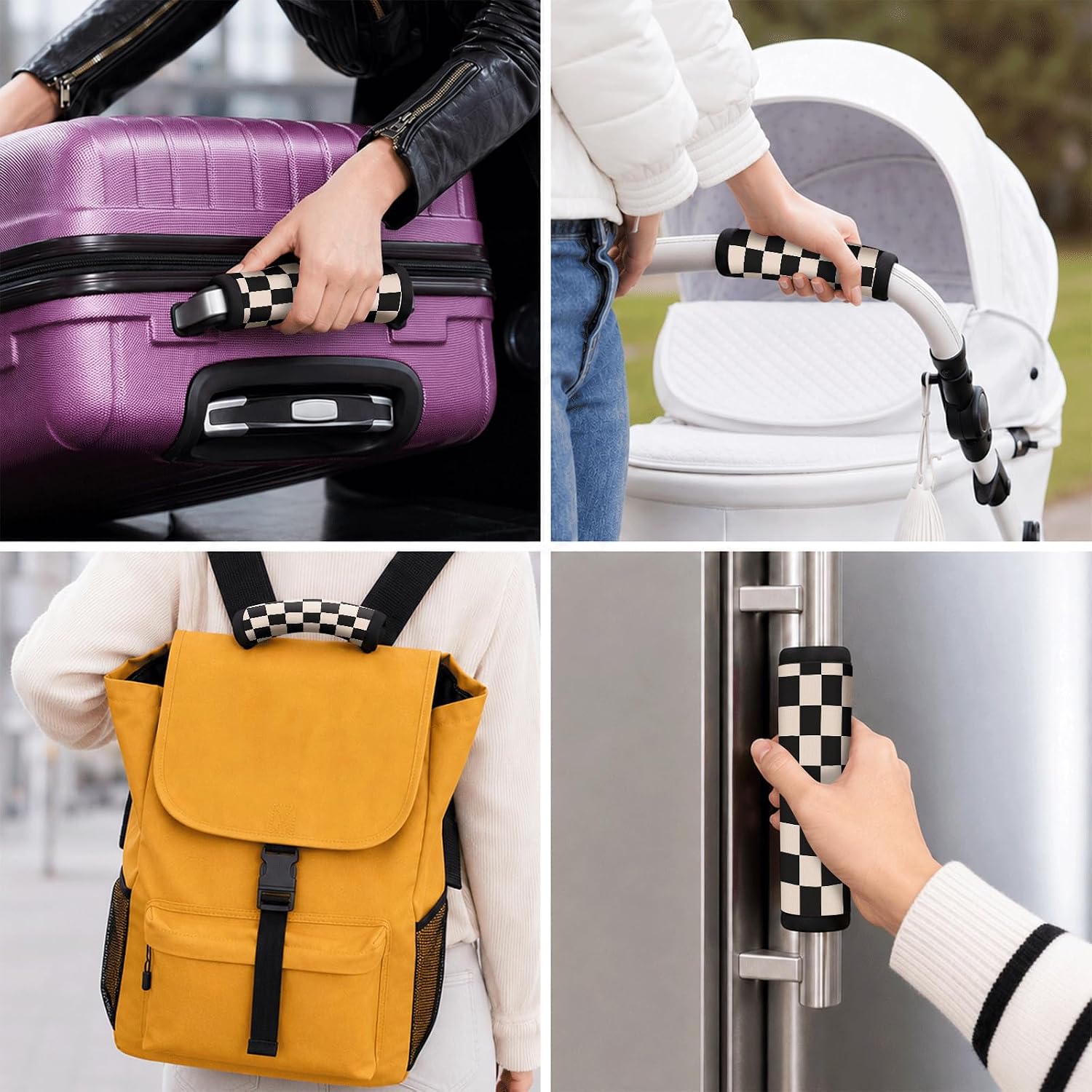 Neoprene Luggage Handle Straps, Vibrant Pattern Suitcase Grip Covers, Comfortable Multi-Purpose Wrap Padding, 2 Pack(Black Beige Plaid)