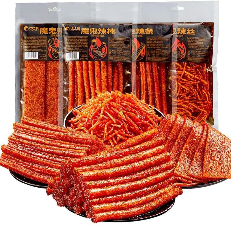 4 flavors mixed with spicy strips,Super spicy Latiao,Handmade Spicy Stick Spicy Bar,Spicy Strip Small Gluten Spicy Silk Sweet Spicy Flavor Chinese Snacks,Traditional gluten (Multiple mixed spicy strips,1 bag)
