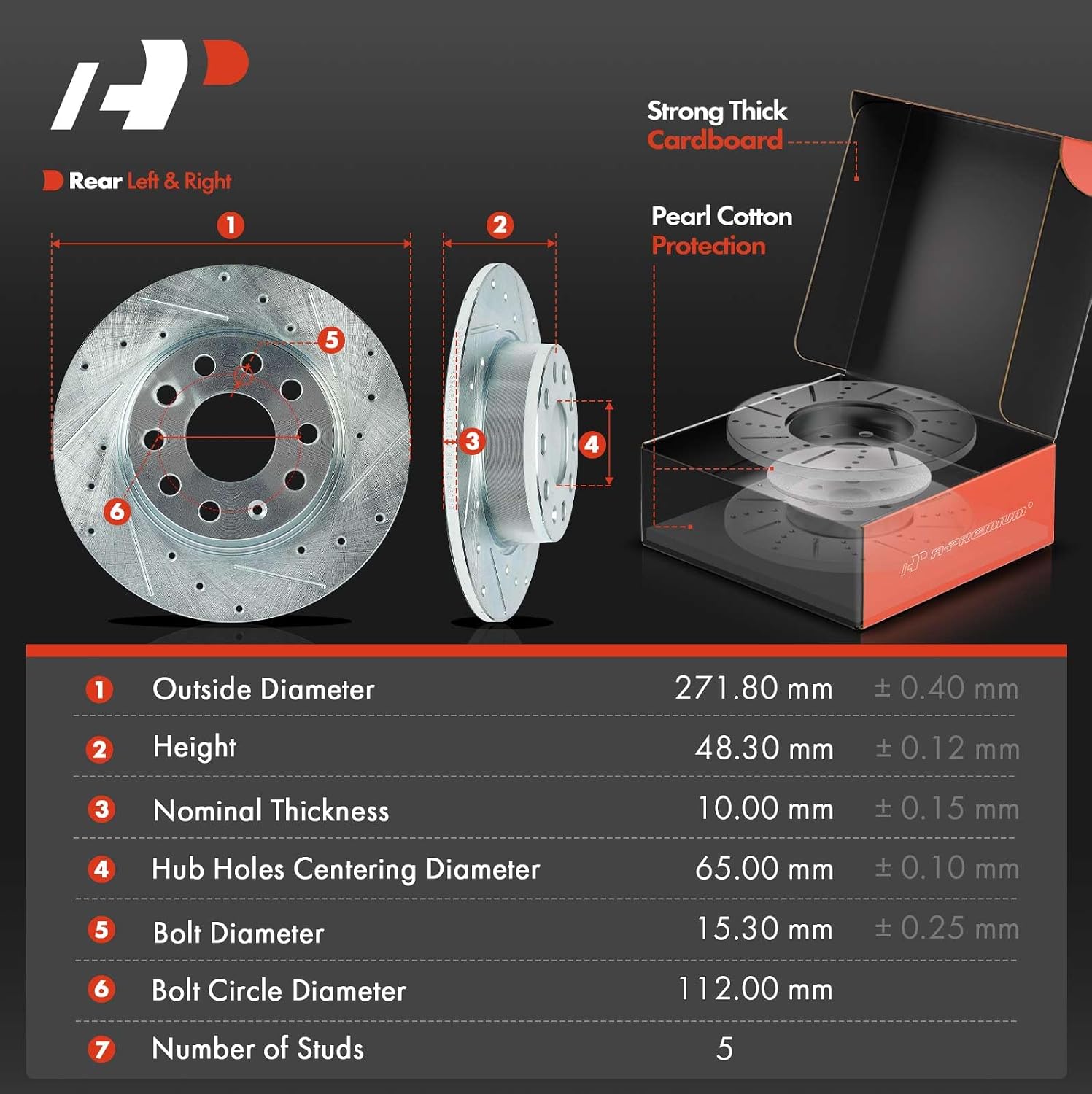 A-Premium 10.70 inch (271.8mm) Rear Drilled and Slotted Disc Brake Rotors + Ceramic Pads Kit Compatible with Select Volkswagen Models - Passat, Golf, GTI, Golf Alltrack, Golf Sportwagen, 6-PC Set