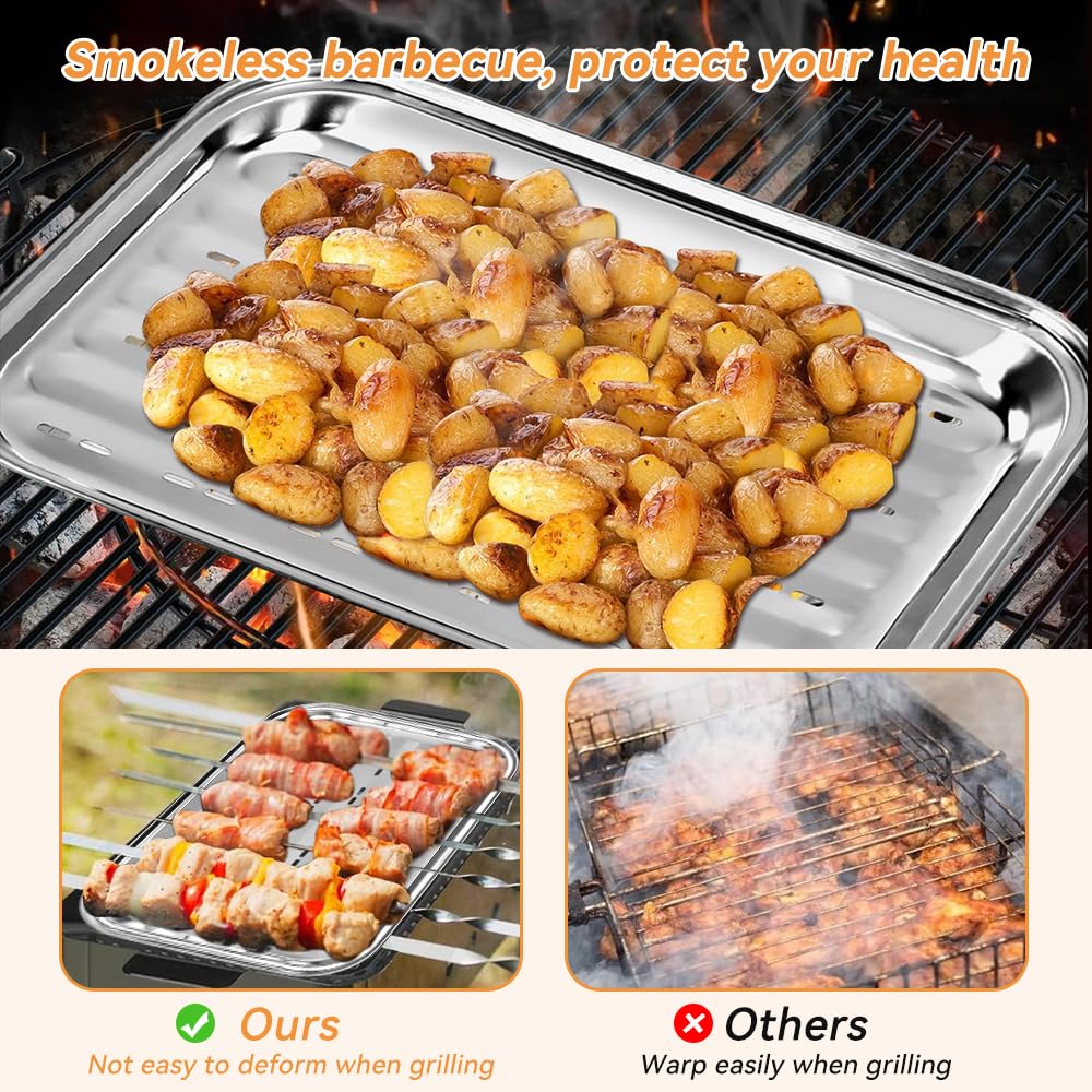 2 vassoi per barbecue in acciaio inox con fori, vassoio per barbecue con pinza, vassoi da forno per grigliare verdure, carne e pesce