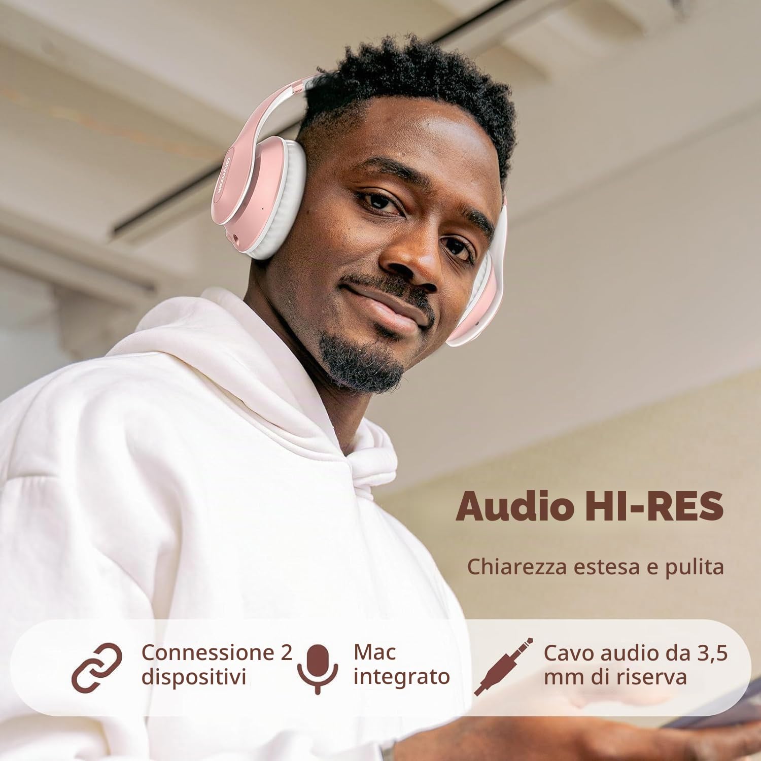Cuffie Wireless Bluetooth 6.0, 65 Ore Di Riproduzione Cuffie Stereo HiFi con Microfono e 6EQ modalità, Pieghevole Cuffie Bluetooth Over Ear per Viaggio Smartphone Computer Portatile Rose Gold