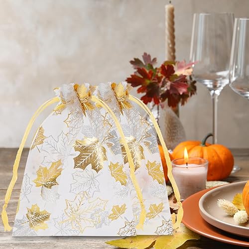 Miniatura 7 de Whaline 100 bolsas de organza de otoño con cordón de hojas de arce doradas, bolsas de regalo de joyería de Acción de Gracias, bolsas de regalo para