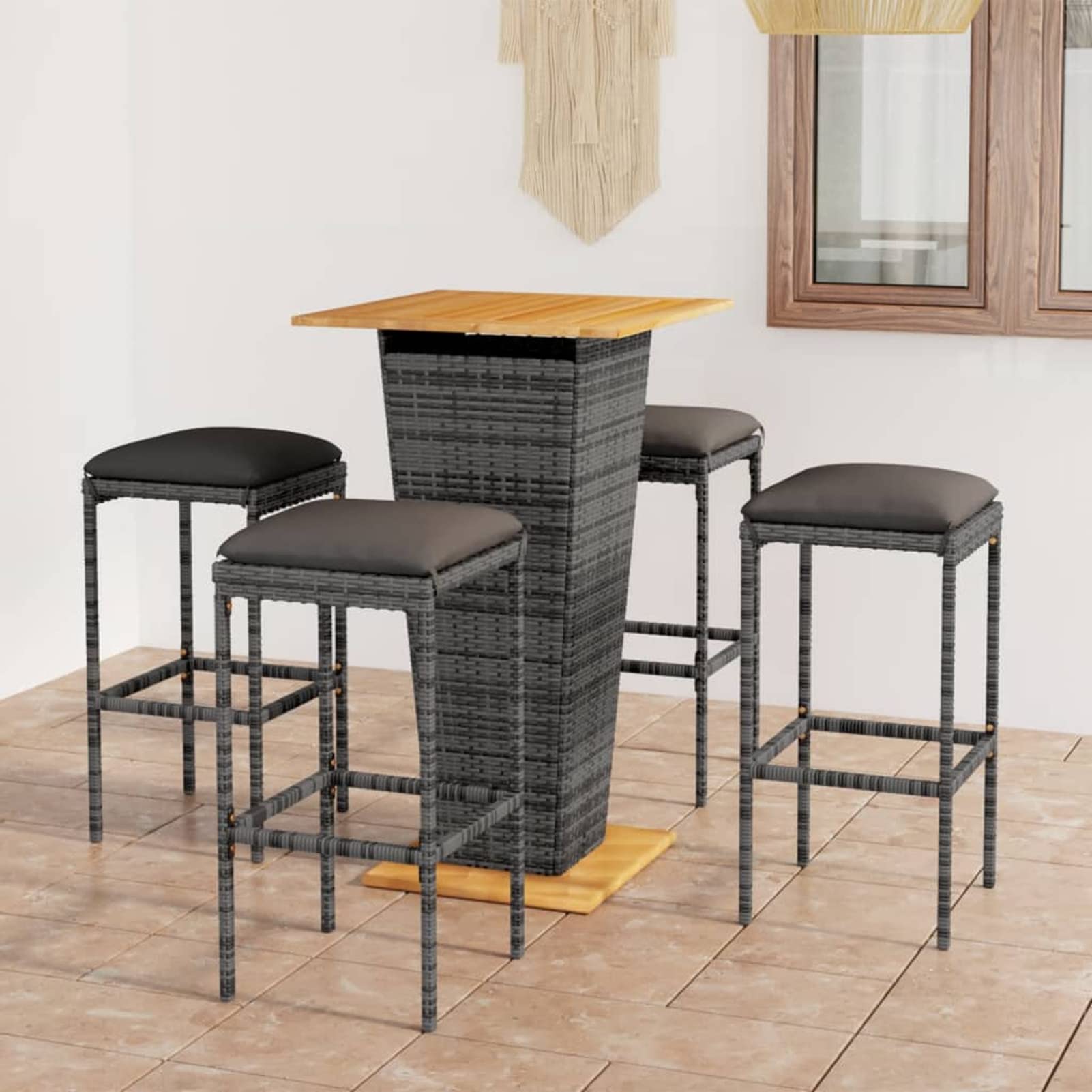 Ensemble de Bar Ensemble de Bar de Jardin Salon de Jardin Exterieur Salon Jardin Ensemble de Bar de Jardin 5 pcs et Coussins Résine tressée Gris Co