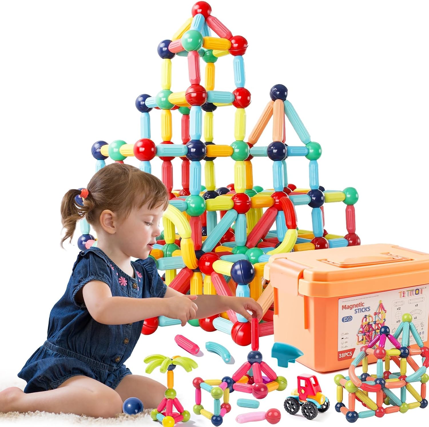 Magnetic Blocks Kids Toys, Magnetic Building Sticks STEM Educational Sensory Toy Preschool Learning Montessori Toys for Toddlers Boys Girls Ages 3-8 with 1 Car