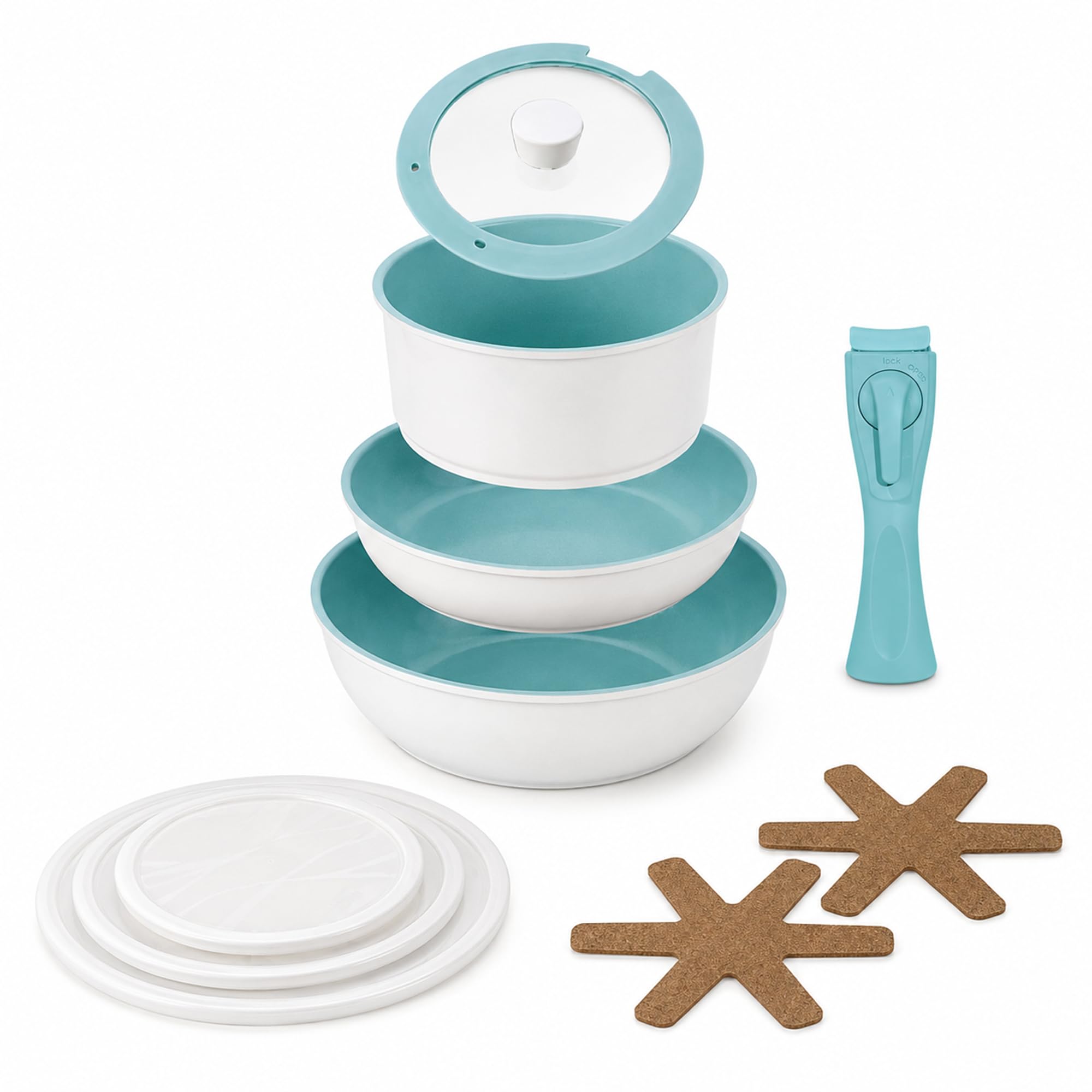 NEOFLAM® - Lot de 8 casseroles et poêles Midas Plus – Revêtement antiadhésif naturel ECOLON®, sans PFAS, compatible induction, poignée amovible, passe au four, nettoyage facile