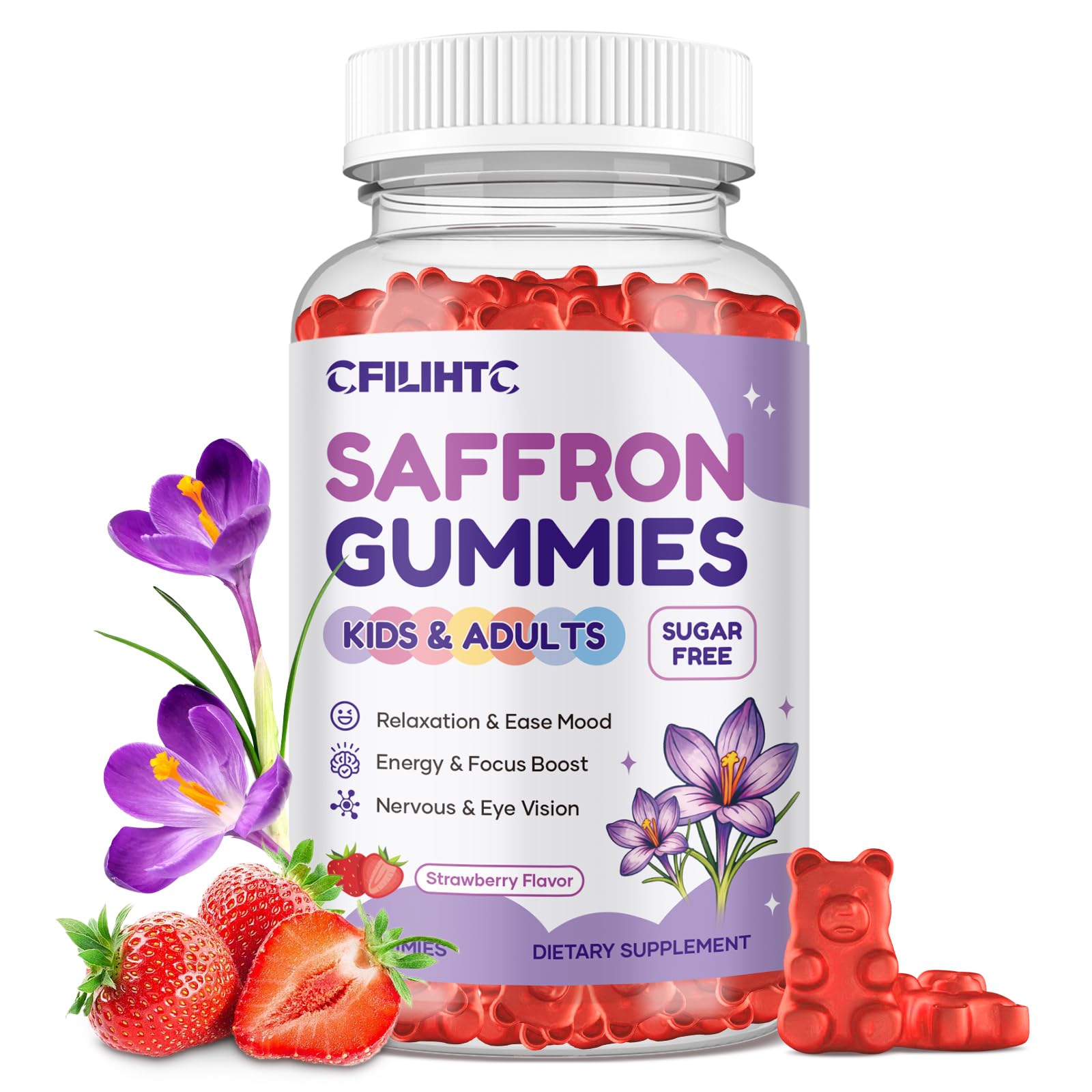 Saffron Gummies for Kids & Adults, 20-in-1 Saffron Supplements with 88.5mg Saffron Extract, B6, B12, C, D3, Magnesium for Calm, Focus, Nerve, Sugar Free, Vegan, Non-GMO - Strawberry Flavor, 60 Counts Strawberry 60 Count (Pack of 1)