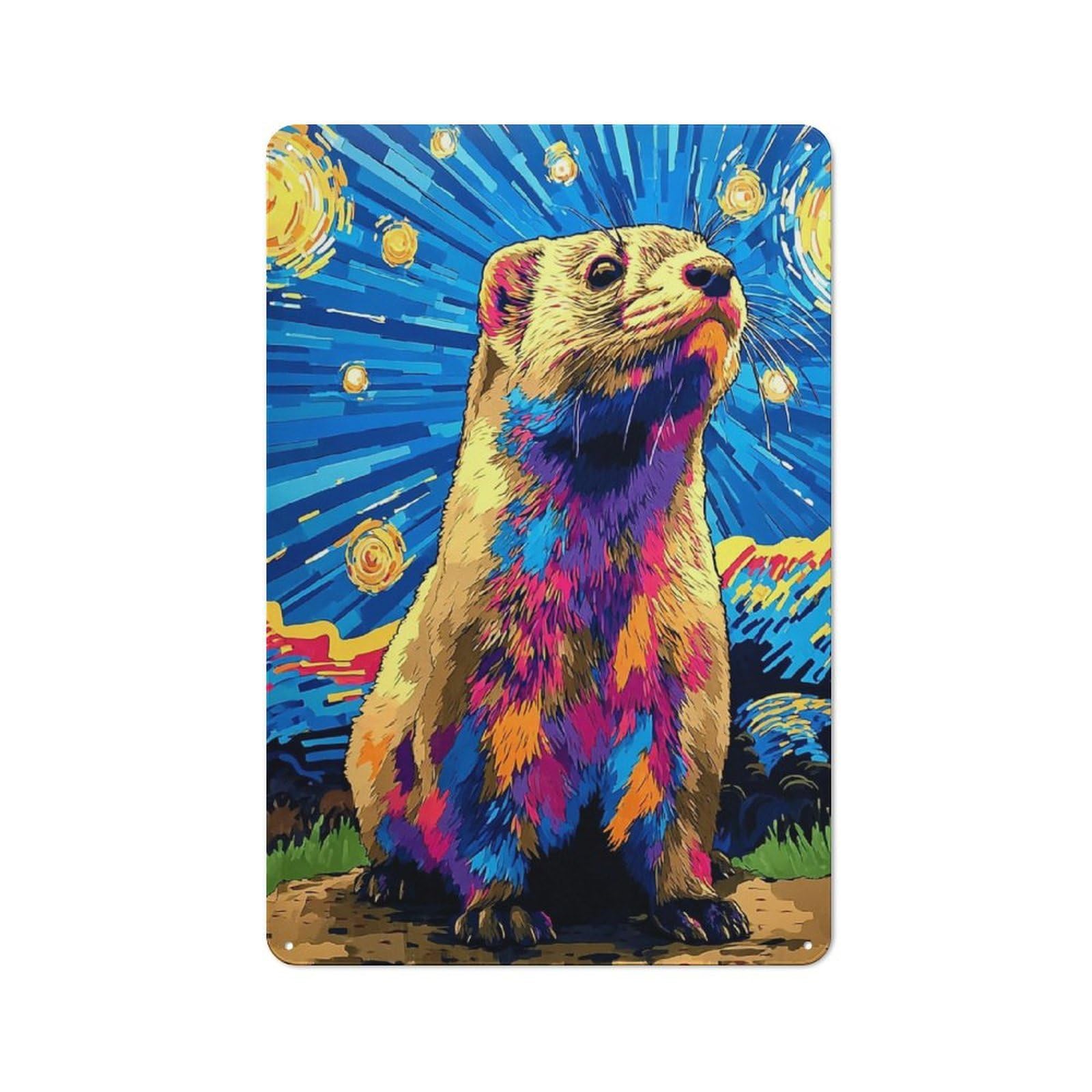 Junmoney Colorful Ferret In Starry Night Tin Sign With Design 30X20cm, Vintage Workshop Wall Decor For Tool Room, Garage, Studio Or Home Bar