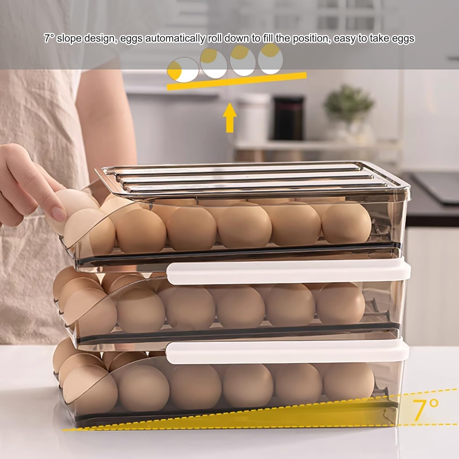 Soporte para huevos para nevera, dispensador de huevos rodante, soporte para huevos de nevera de 18/36/54 huevos organizador con tapa (transparente, 28,5 x 21,5 x 14 cm)