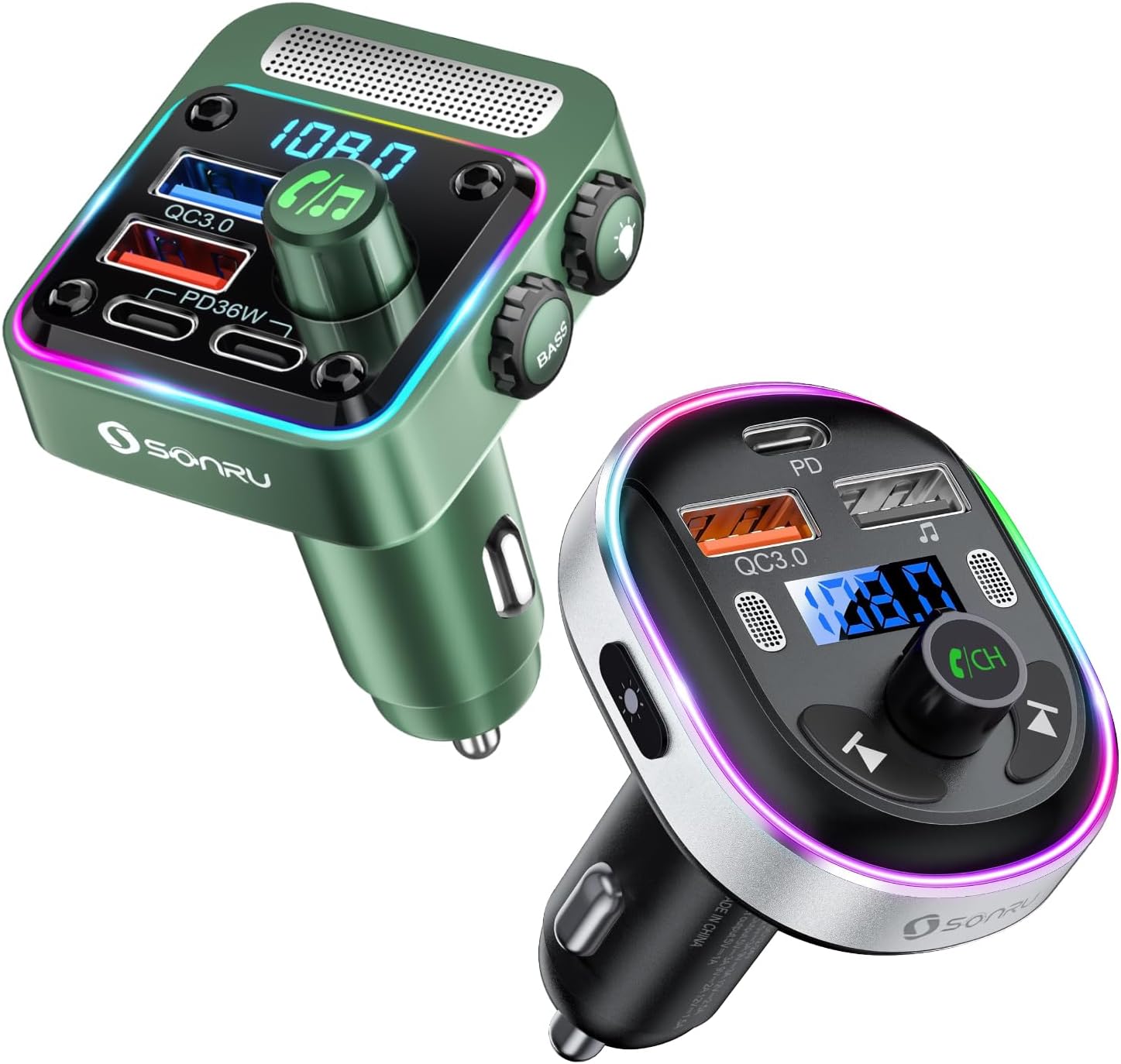 Bluetooth 5.3 FM Transmitter Car Adapter - SONRU Car Charger 54W [PD 36W & QC3.0 18W], Wireless FM Radio Transmitter [HiFi Treble & Bass Player], 5 Colors LED Backlit, Hands-Free Calling, U-Disk