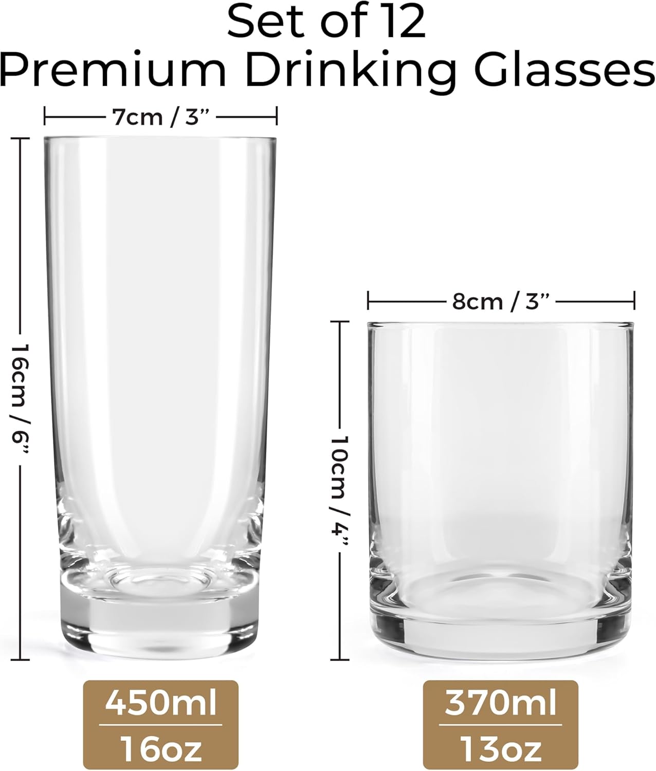 MIAMIO - Drinking Glasses Set of 12/6 x Small 13 oz and 6x Big 15.8 oz Glass Cups for Water, Cocktails, Tea and Beer - Dishwasher Safe