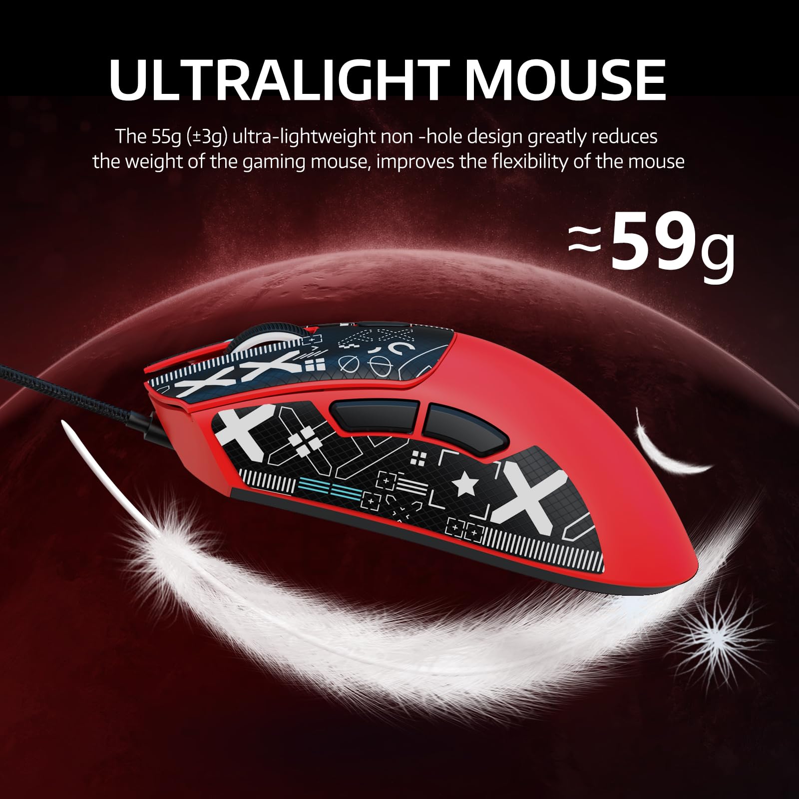 MAMBASNAKE R1 bezprzewodowa mysz do gier 59 g z trzema trybami i antypoślizgowymi naklejkami, łączność 2,4 GHz/Bluetooth/przewodowa,5 programowalnych przycisków,6 regulowanych DPI do 18000-czerwony