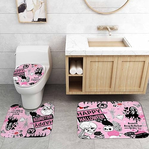 Miniatura 5 de Juego de 4 cortinas de ducha de Halloween rosas con alfombras, cortina de ducha de tela impermeable, truco o trato, gótico, bruja, espeluznante,