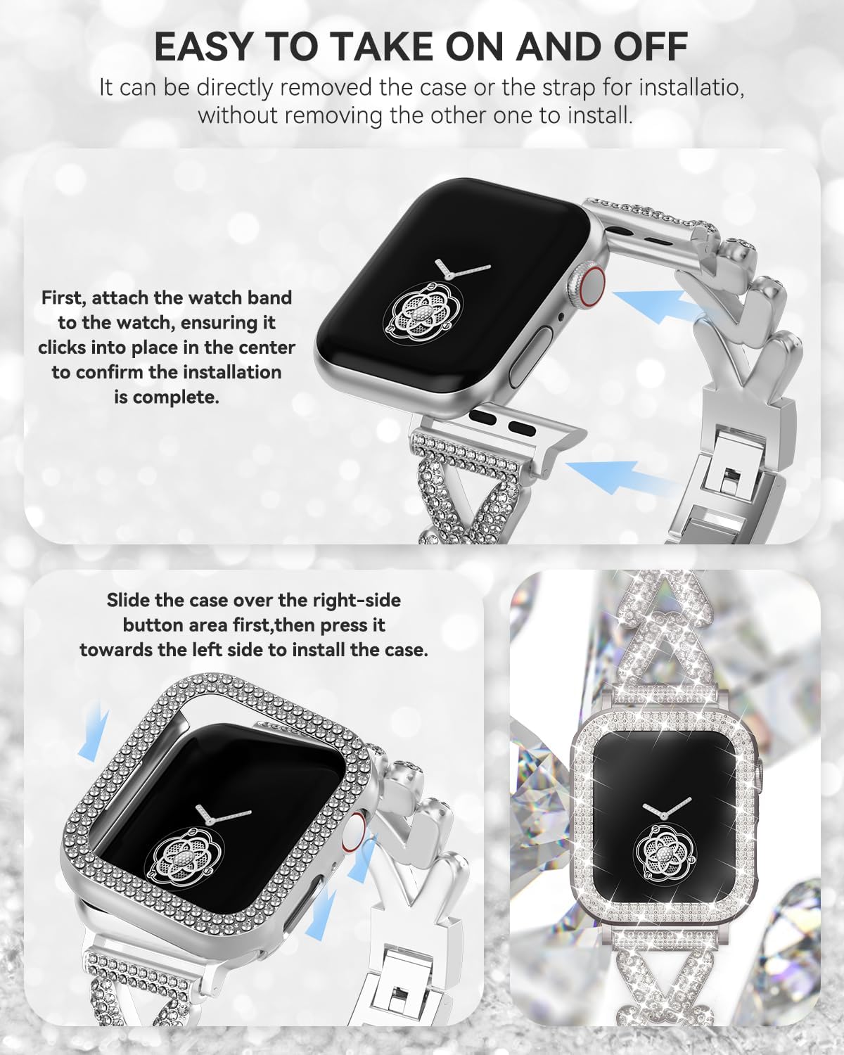 Rhinestones Encrusted Metal Bracelet and Case, Compatible with Apple Watch Bands 38mm-49mm (Series 11/10/1/SE/Ultra 2)- Bling Gold Women's Jewelry Strap, Luxury iWatch Bracelet with Screen Protector