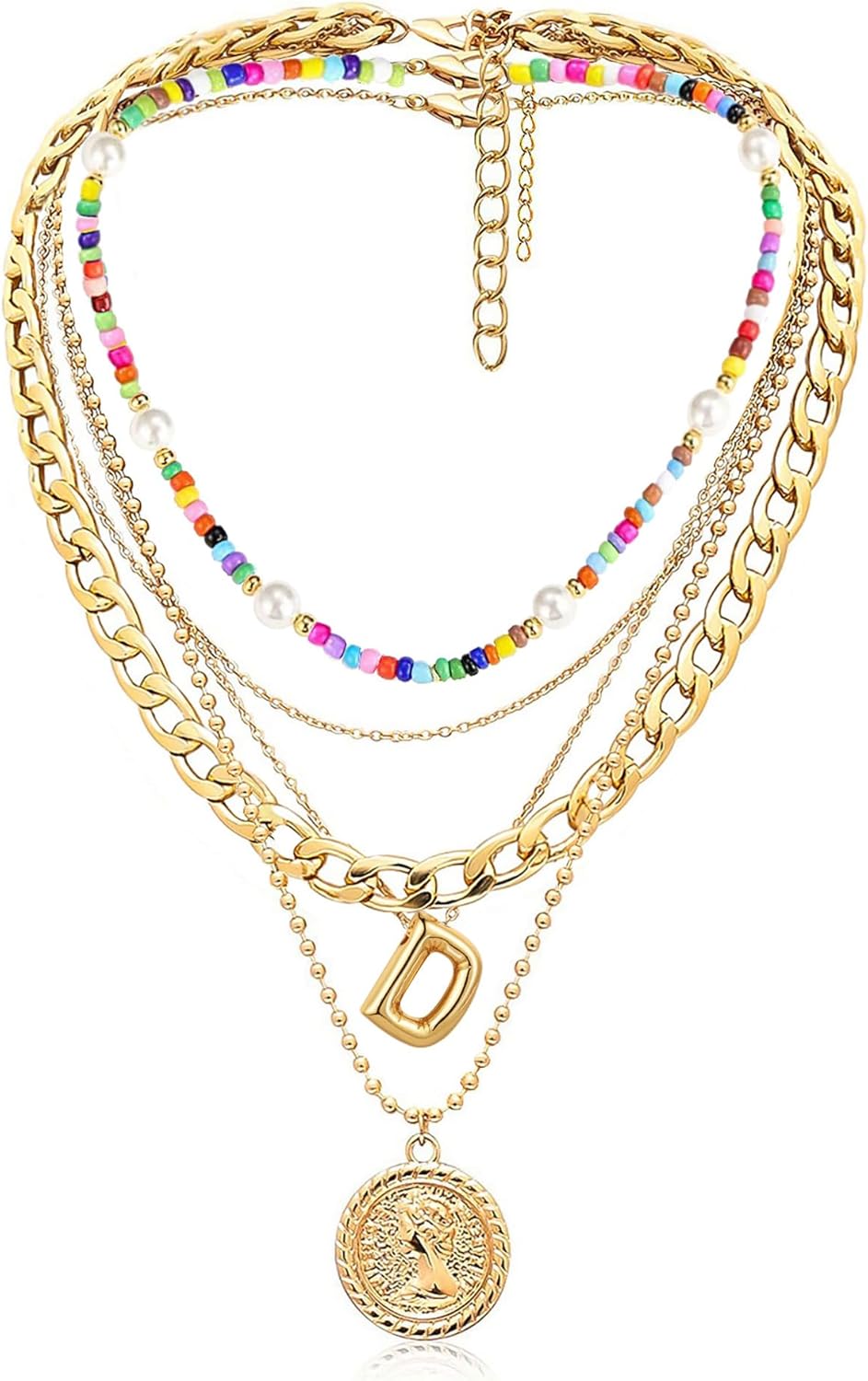 MJartoria Layered Necklaces for Women Trendy Balloon Initial Pendant Necklace Dainty Chunky Chain Beaded Choker Necklaces Jewelry Birthday Gifts